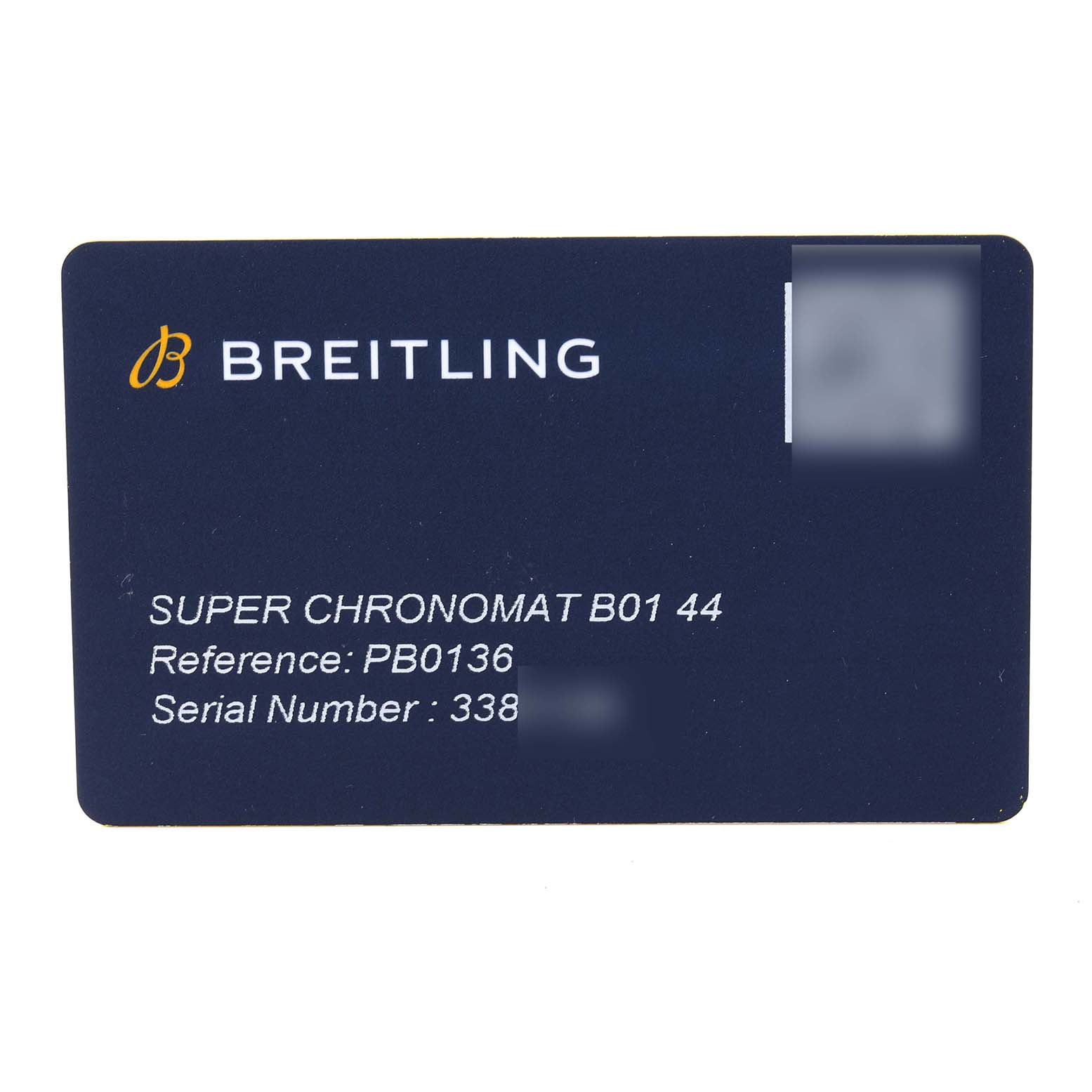 The image shows an information card for a Breitling Super Chronomat B01 44 watch, displaying its model, reference, and serial number.