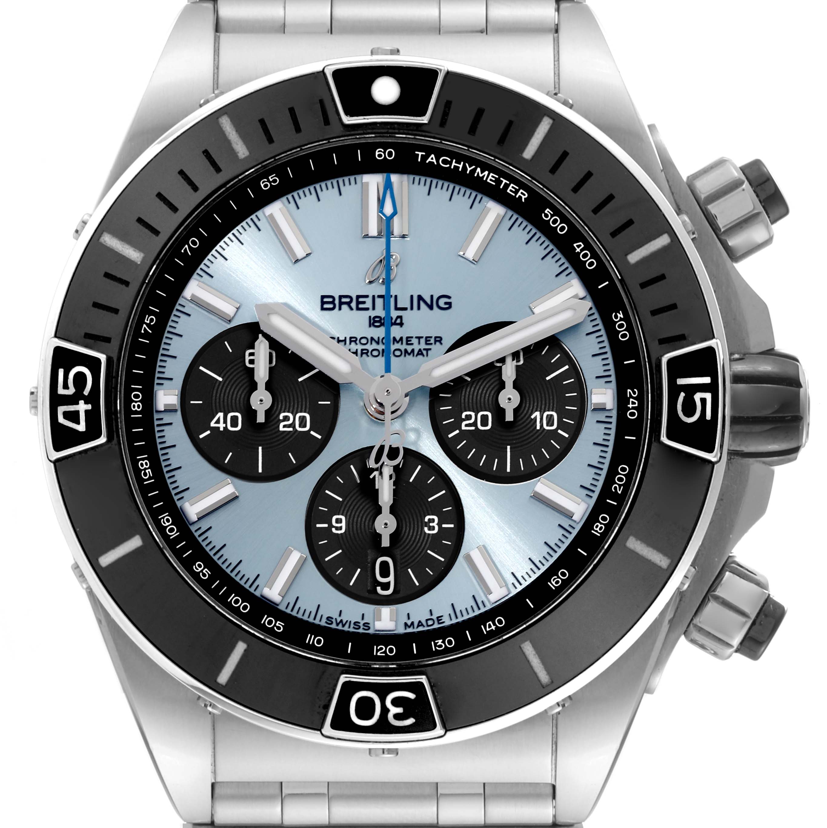 This Breitling Chronomat PB0136 Men's Stainless Steel Blue Dial PB0136 Men's Stainless Steel Blue Dial watch is shown from a front angle, displaying its dial, bezel, and chronograph subdials.