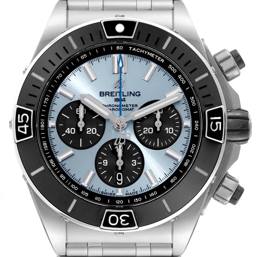 This Breitling Chronomat watch is shown from a front angle, displaying its dial, bezel, and chronograph subdials.