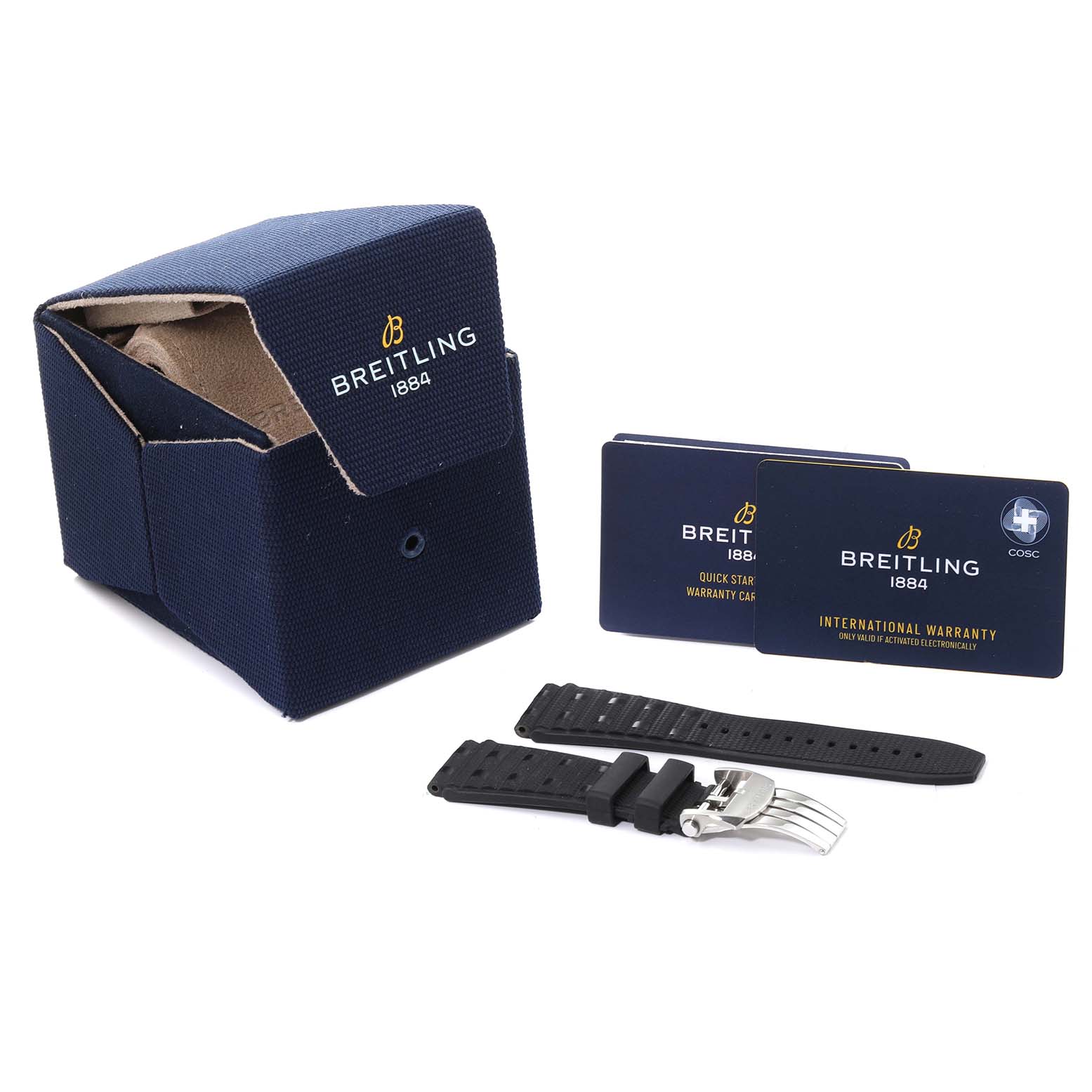 The image shows the packaging box, warranty cards, and straps for the Breitling Chronomat PB0136 Men's Stainless Steel Blue Dial PB0136 Men's Stainless Steel Blue Dial watch.