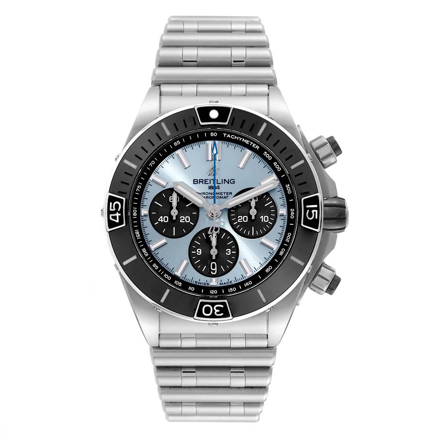 Breitling Chronomat B01 Ice Blue Dial Steel Mens Watch PB0136 Box Card SwissWatchExpo