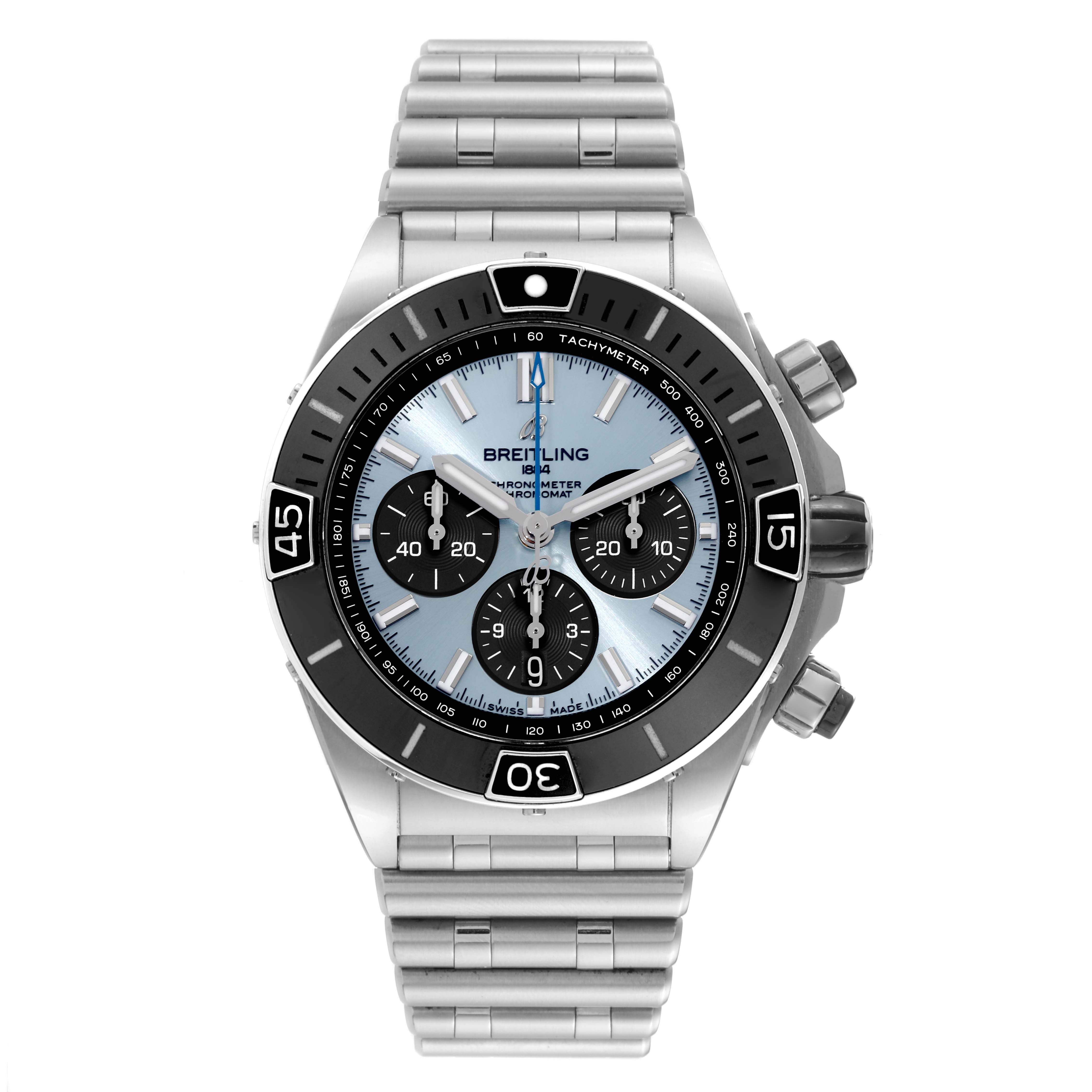 This image shows a frontal view of a Breitling Chronomat PB0136 Men's Stainless Steel Blue Dial PB0136 Men's Stainless Steel Blue Dial watch, highlighting the dial, bezel, and bracelet.