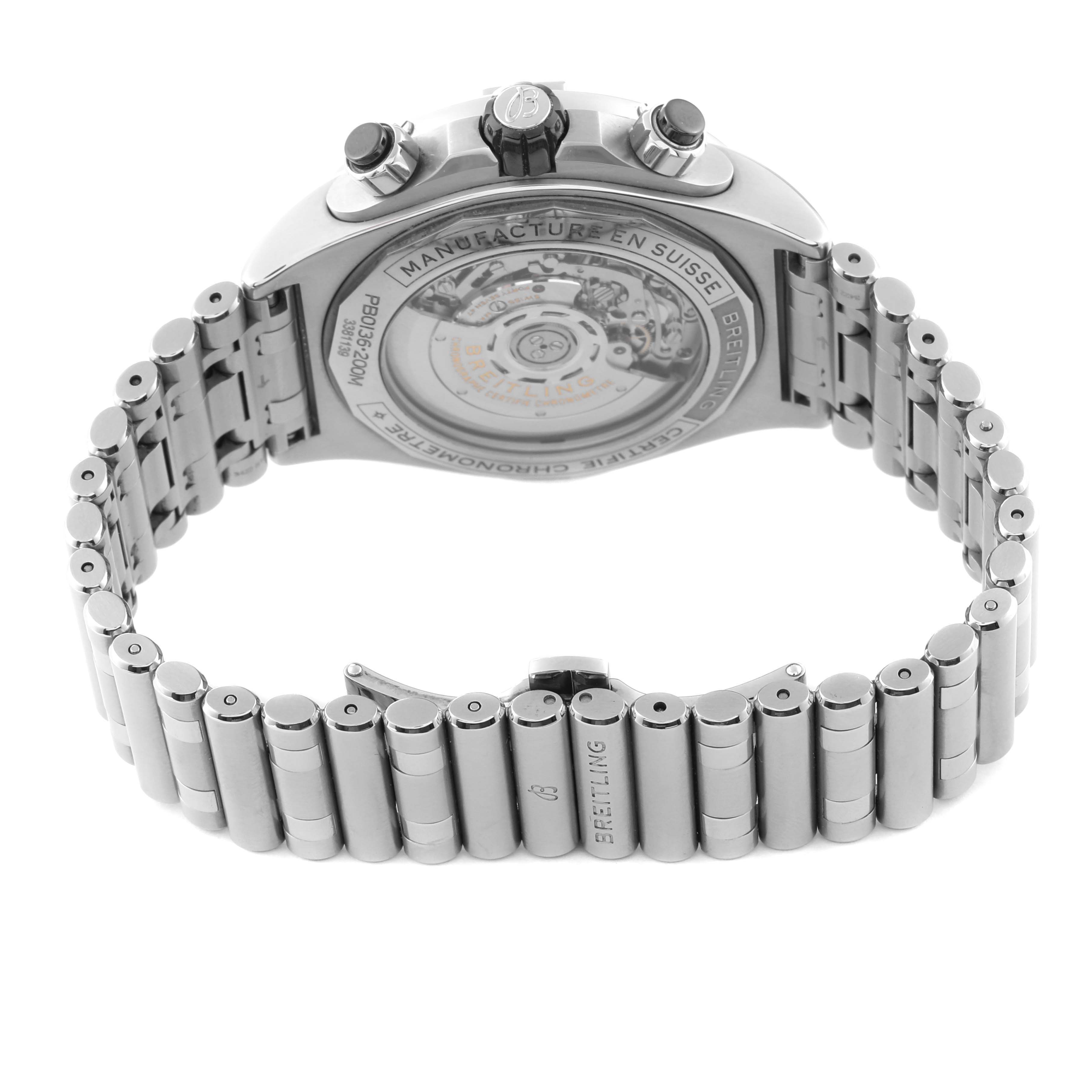 The image shows the back view of a Breitling Chronomat PB0136 Men's Stainless Steel Blue Dial PB0136 Men's Stainless Steel Blue Dial watch, focusing on its open case back and stainless steel bracelet.