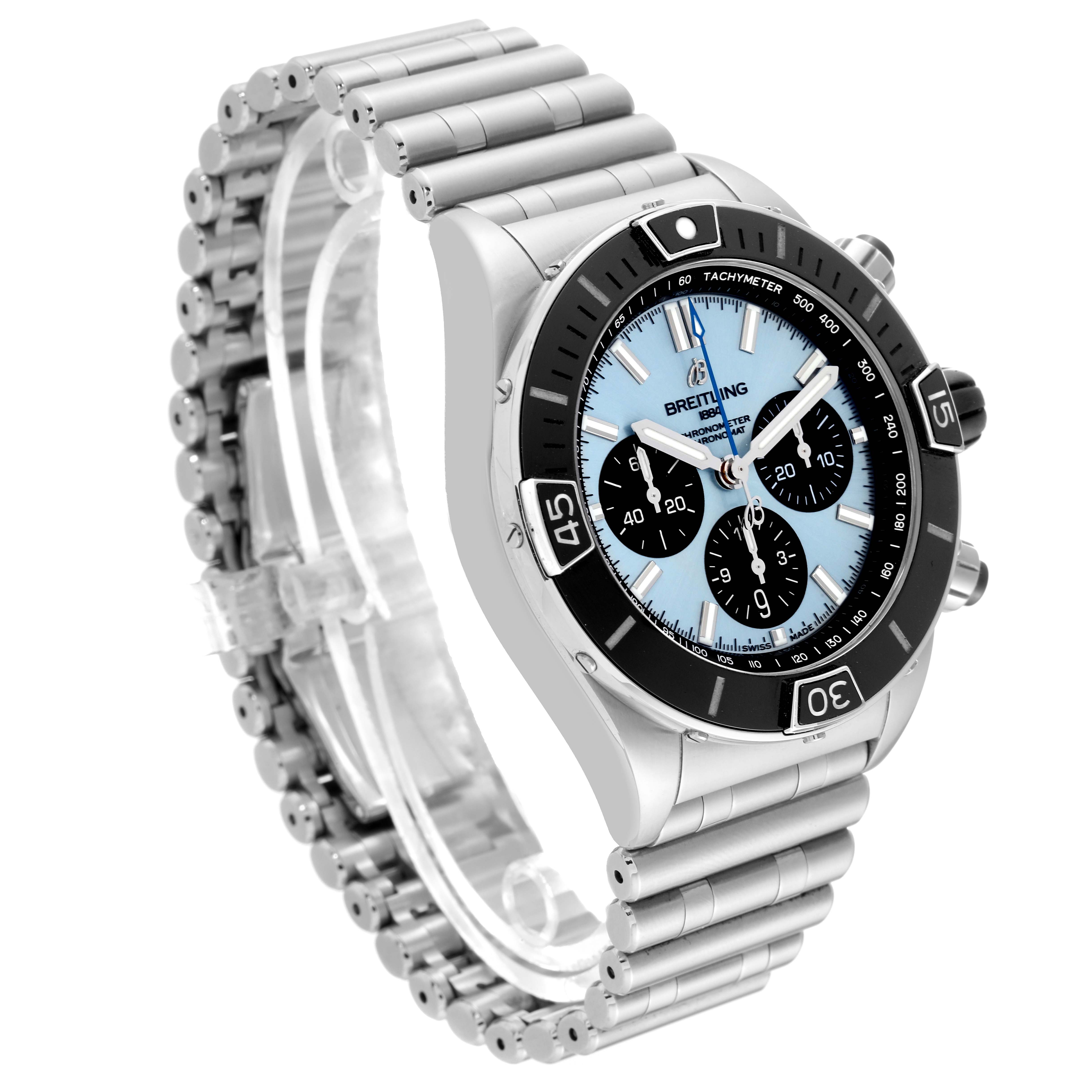 This image showcases a Breitling Chronomat PB0136 Men's Stainless Steel Blue Dial PB0136 Men's Stainless Steel Blue Dial watch at a three-quarter angle, highlighting the face, bezel, and metal bracelet.