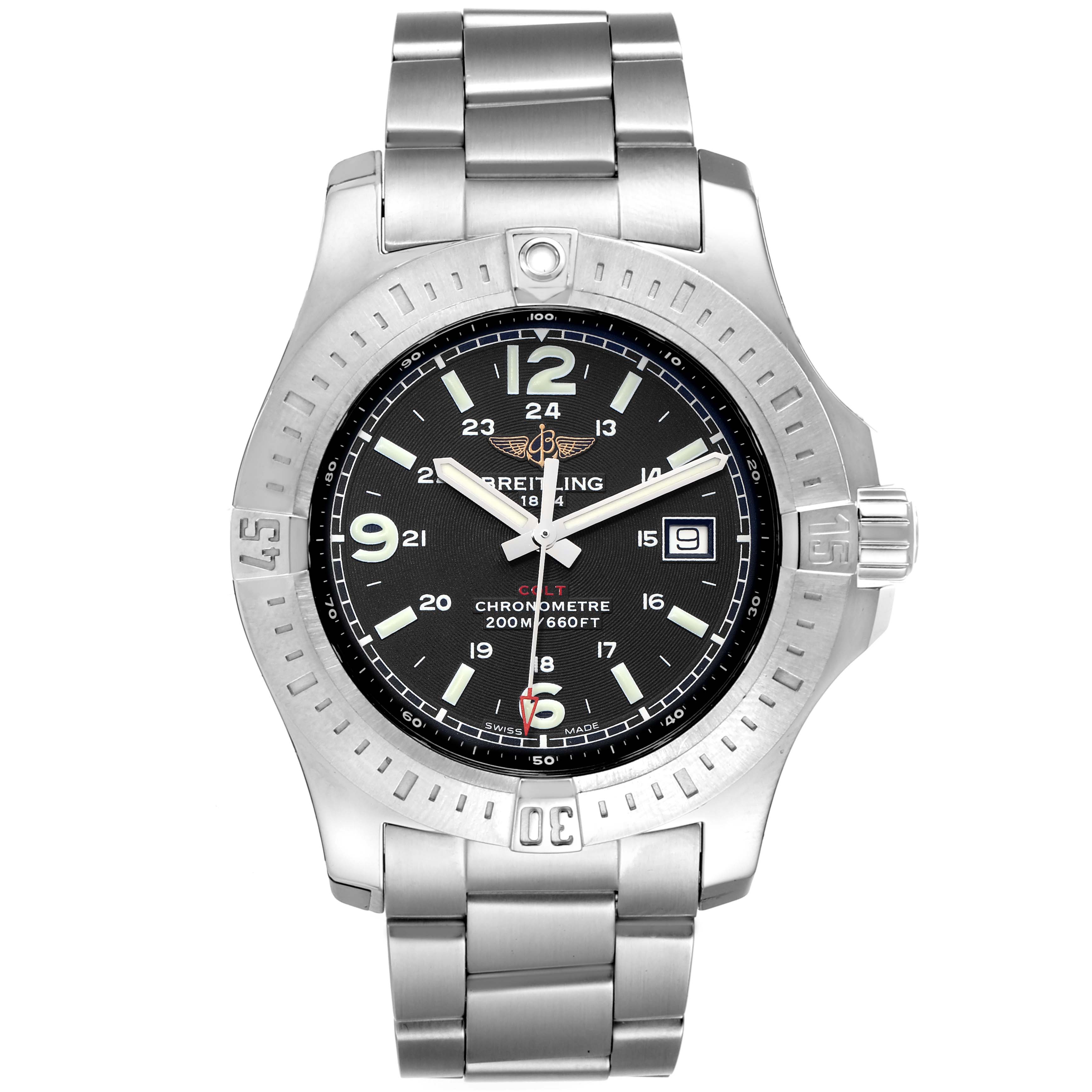 The image shows a front view of the Breitling Colt A74388 Men's Stainless Steel Black Dial A74388 Men's Stainless Steel Black Dial watch, displaying the face, bezel, and stainless steel bracelet.