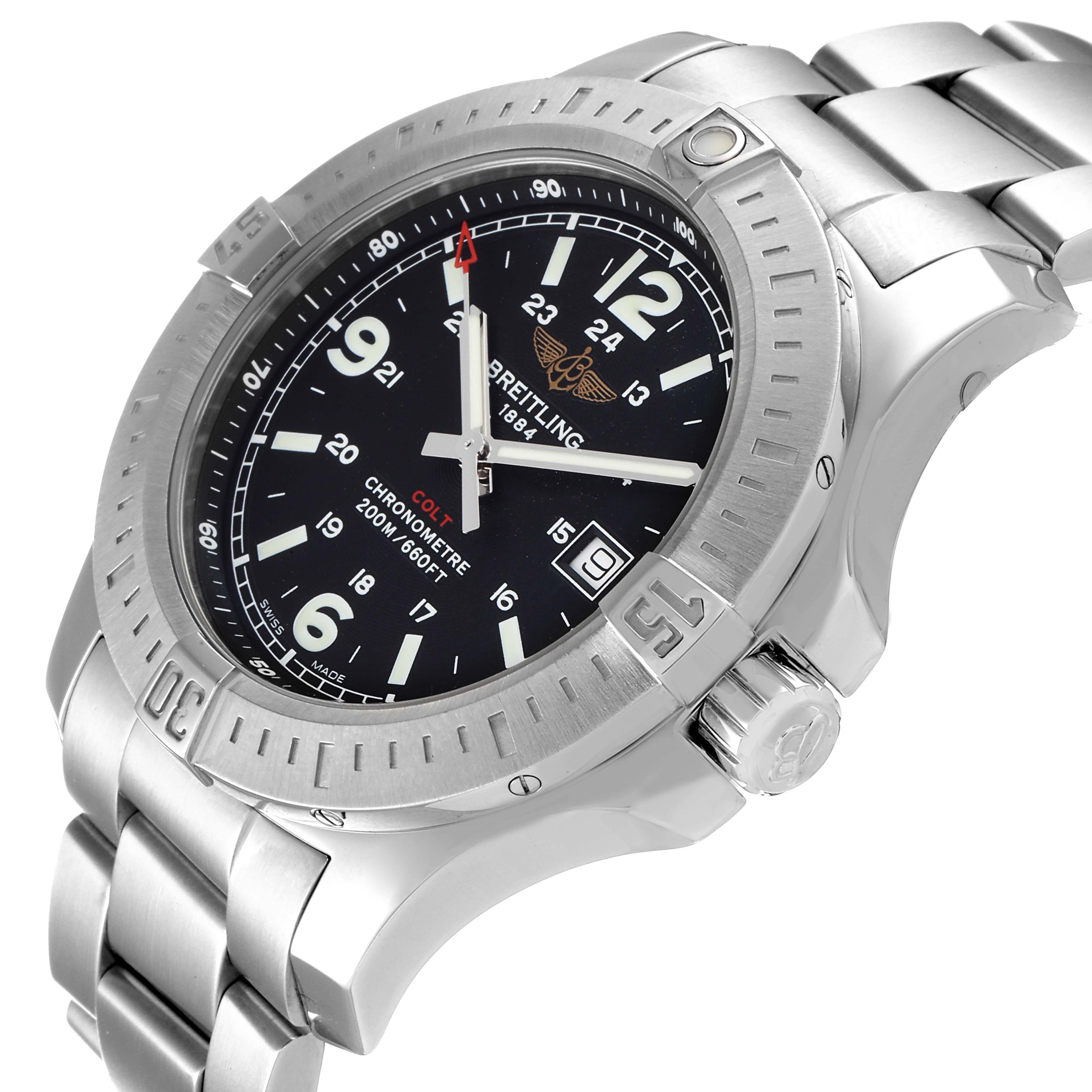 The Breitling Colt A74388 Men's Stainless Steel Black Dial A74388 Men's Stainless Steel Black Dial watch is shown at an angle displaying its face, bezel, crown, and part of the bracelet.