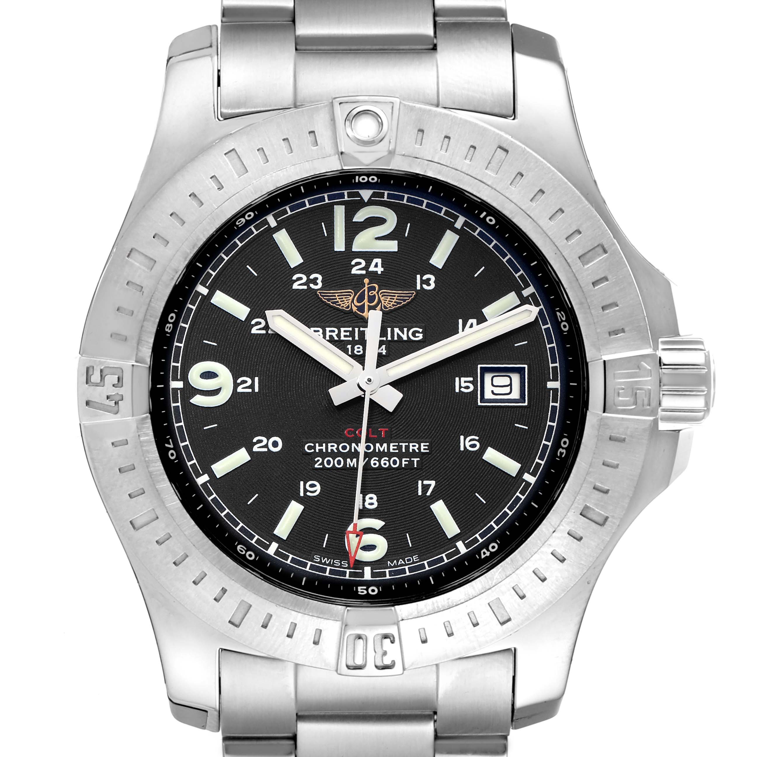 This image shows a front-facing view of the Breitling Colt A74388 Men's Stainless Steel Black Dial A74388 Men's Stainless Steel Black Dial watch, highlighting its dial, bezel, and part of the bracelet.