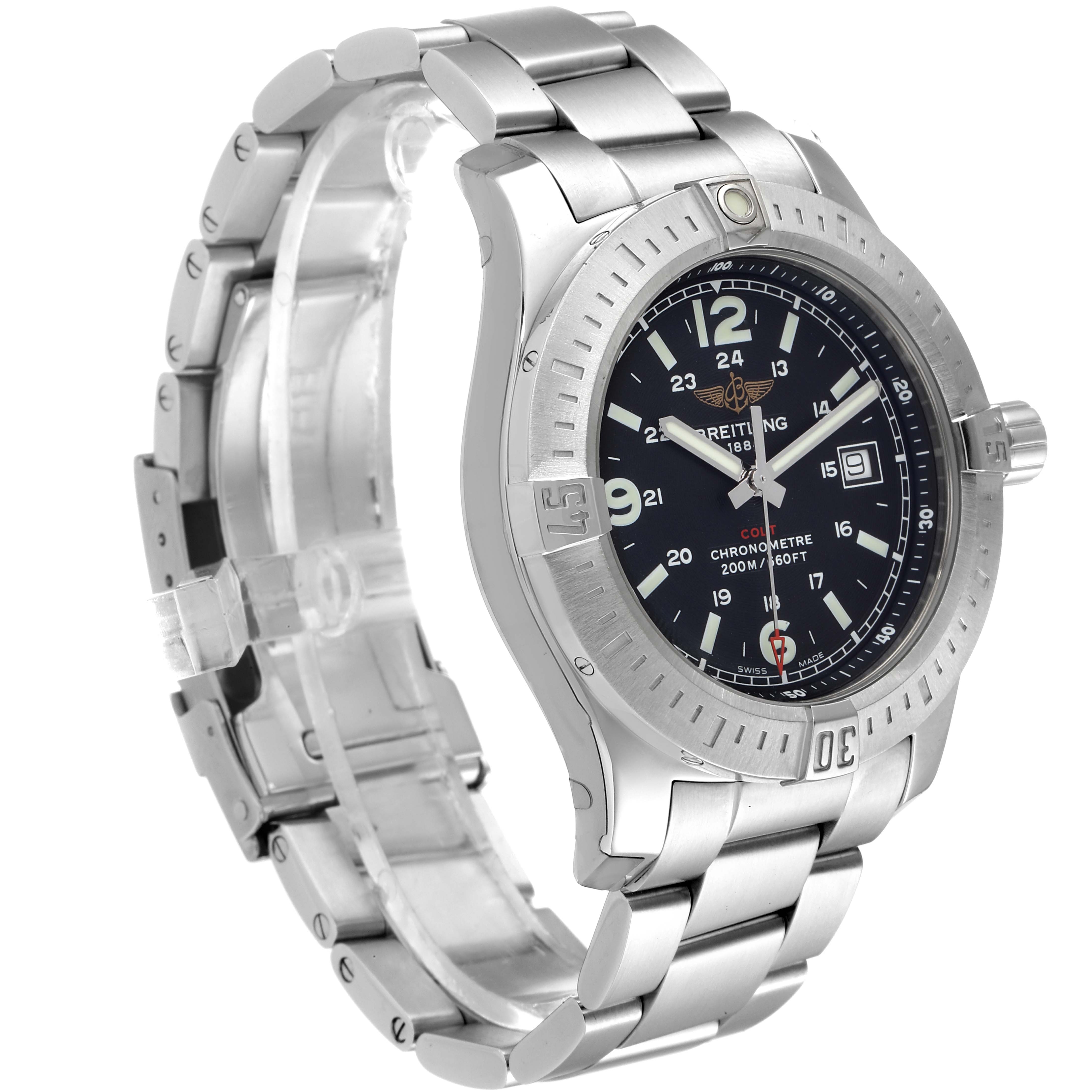 The image shows a side view of the Breitling Colt A74388 Men's Stainless Steel Black Dial A74388 Men's Stainless Steel Black Dial watch, revealing the face, bezel, crown, and part of the stainless steel bracelet.