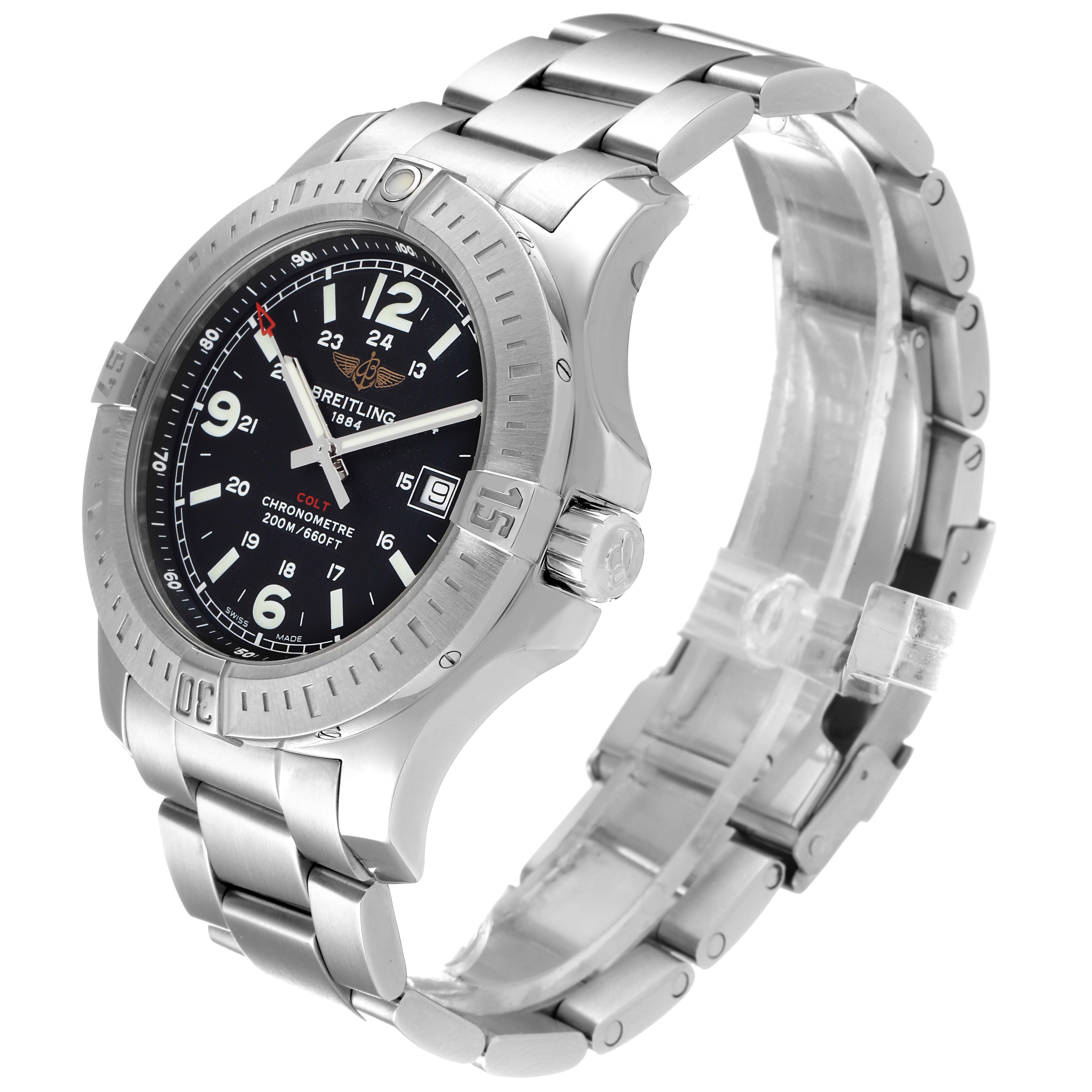 The Breitling Colt A74388 Men's Stainless Steel Black Dial A74388 Men's Stainless Steel Black Dial watch is shown at a 3/4 angle, revealing its face, bezel, crown, and bracelet.