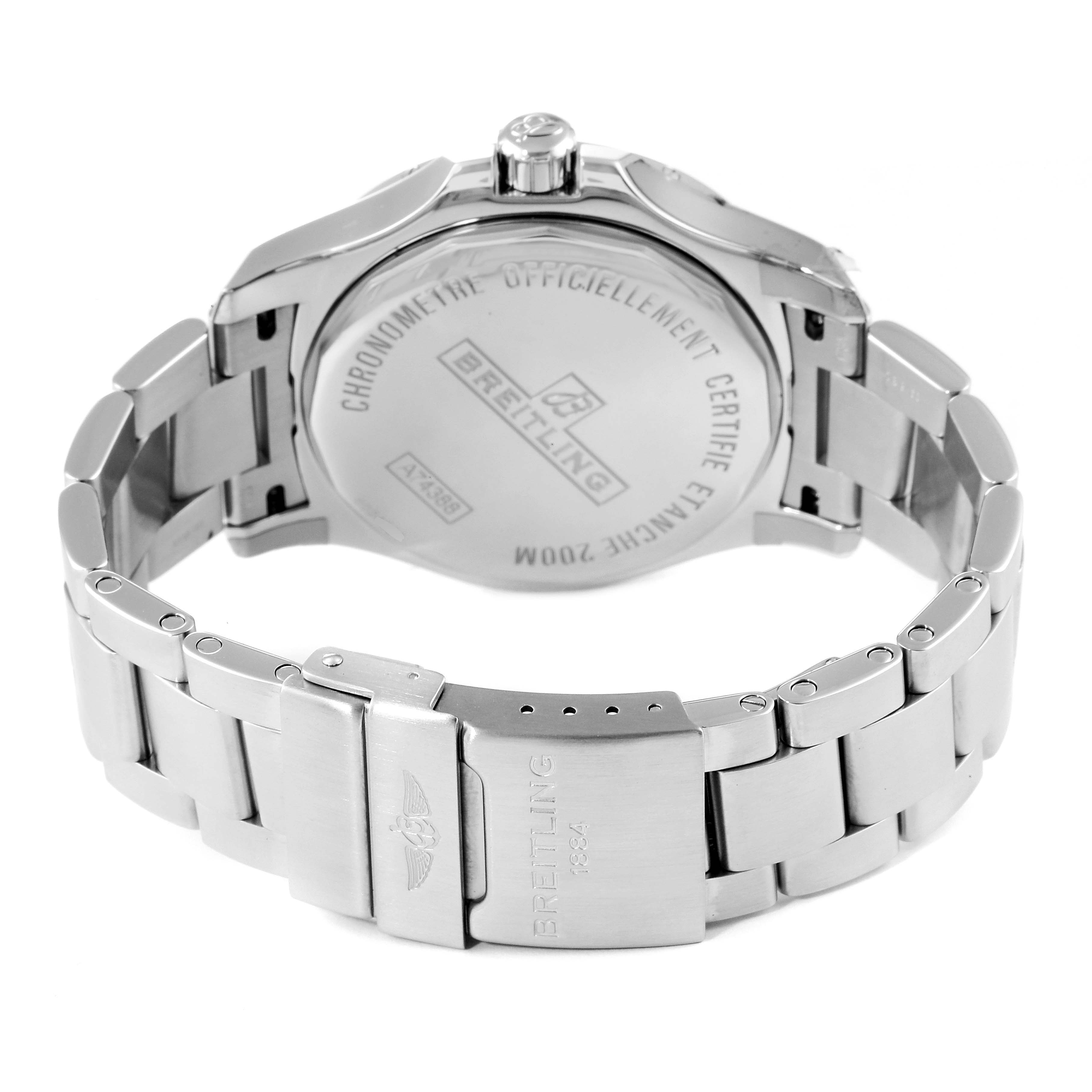 The image shows the back and clasp of a Breitling Colt A74388 Men's Stainless Steel Black Dial A74388 Men's Stainless Steel Black Dial watch with a stainless steel bracelet.