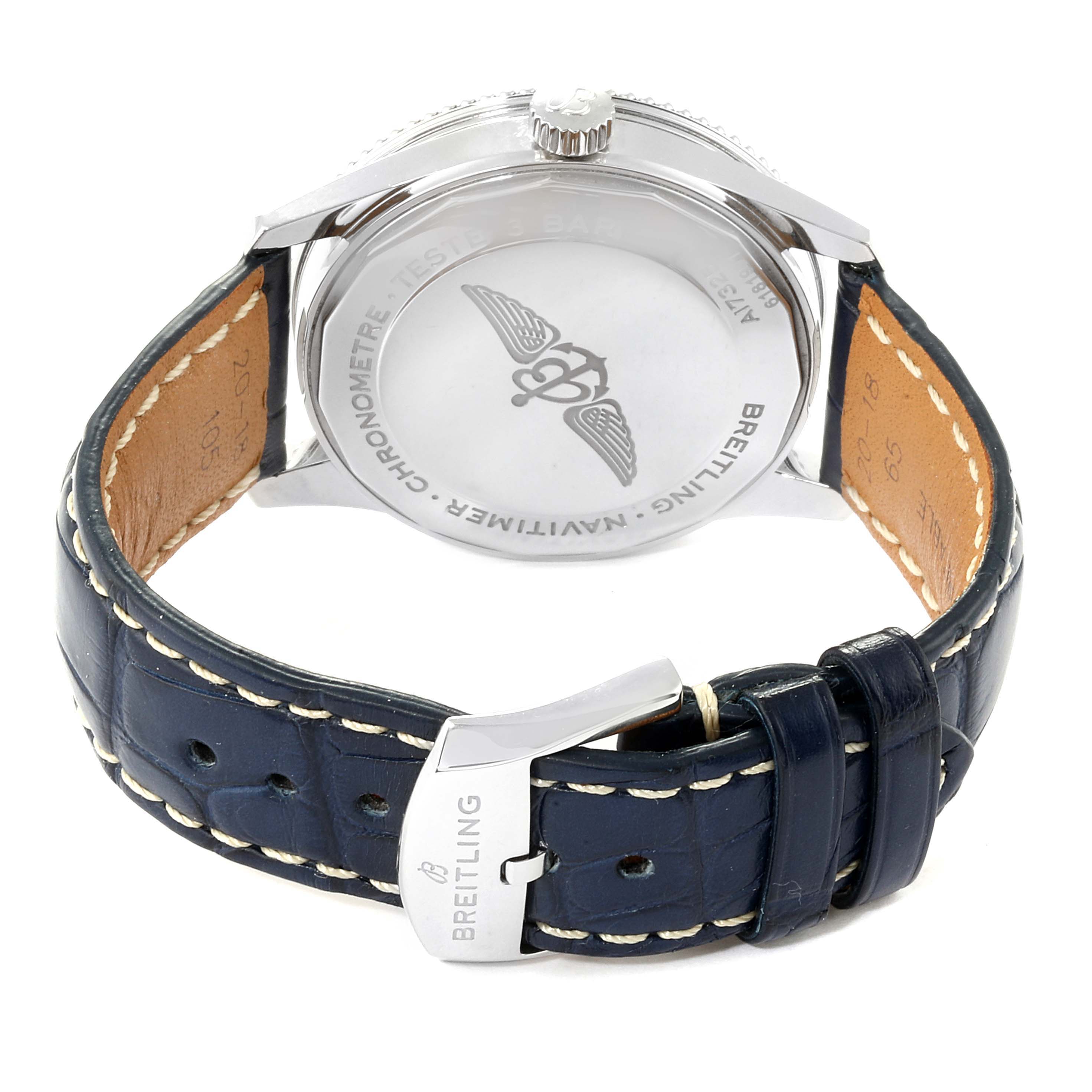 The image shows the back view of a Breitling Navitimer A17325 Men
s Stainless Steel Blue Dial A17325 Men
s Stainless Steel Blue Dial watch, showcasing its case back and blue leather strap with the Breitling logo on the buckle.