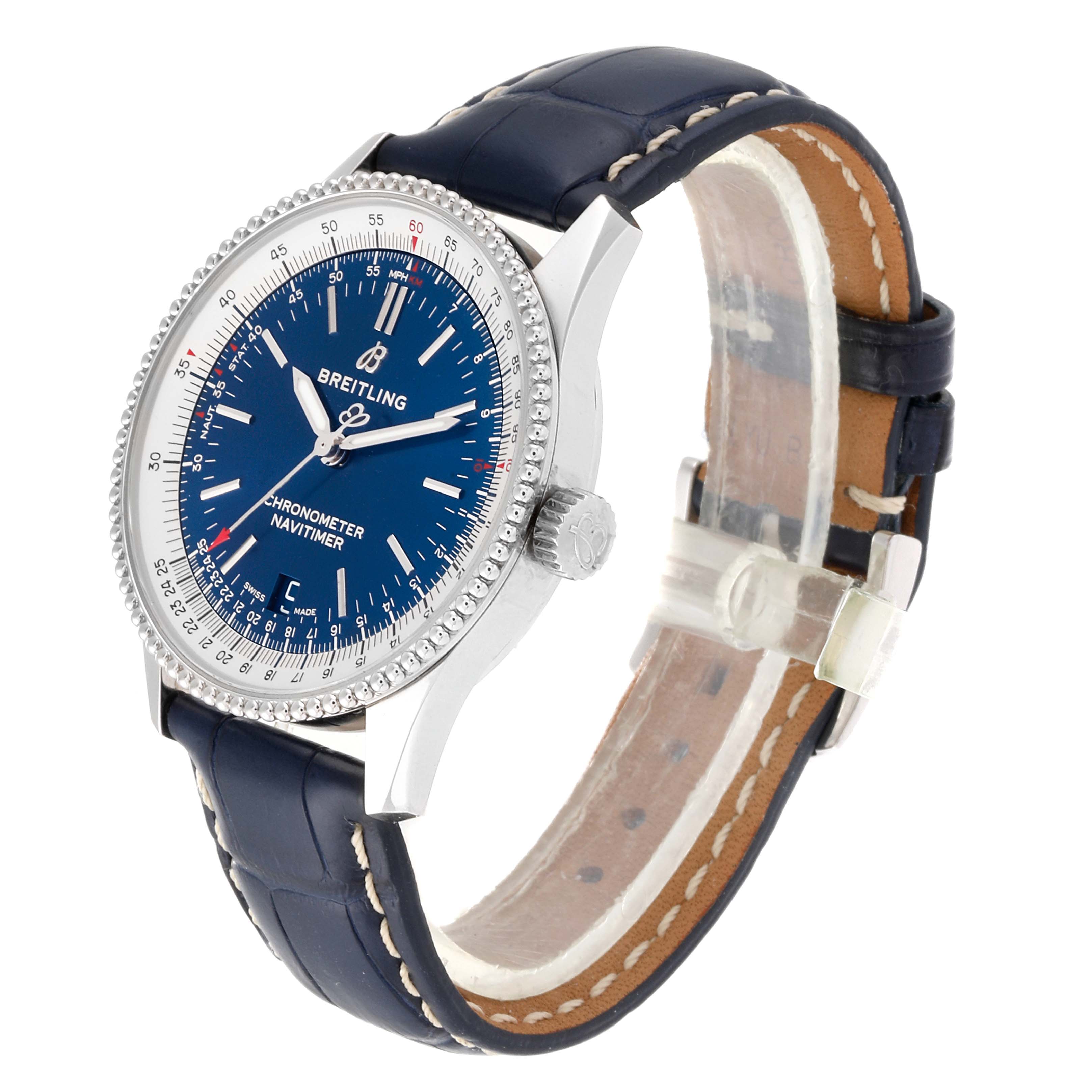 The Breitling Navitimer A17325 Men
s Stainless Steel Blue Dial A17325 Men
s Stainless Steel Blue Dial watch is shown at an angle displaying the dial, crown, case, and leather strap.