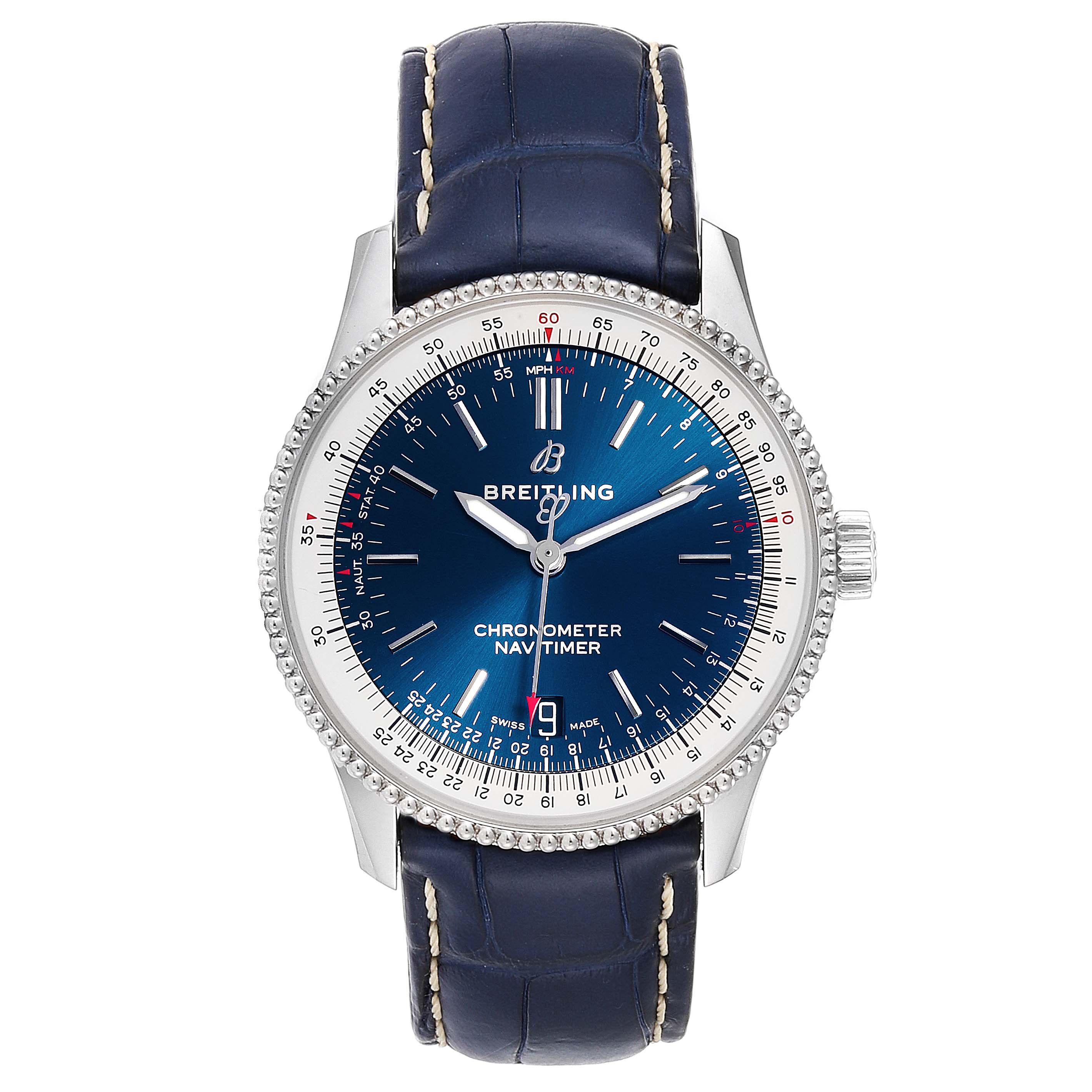 This image shows a front view of the Breitling Navitimer A17325 Men
s Stainless Steel Blue Dial A17325 Men
s Stainless Steel Blue Dial watch, highlighting its blue dial, bezel, and leather strap.