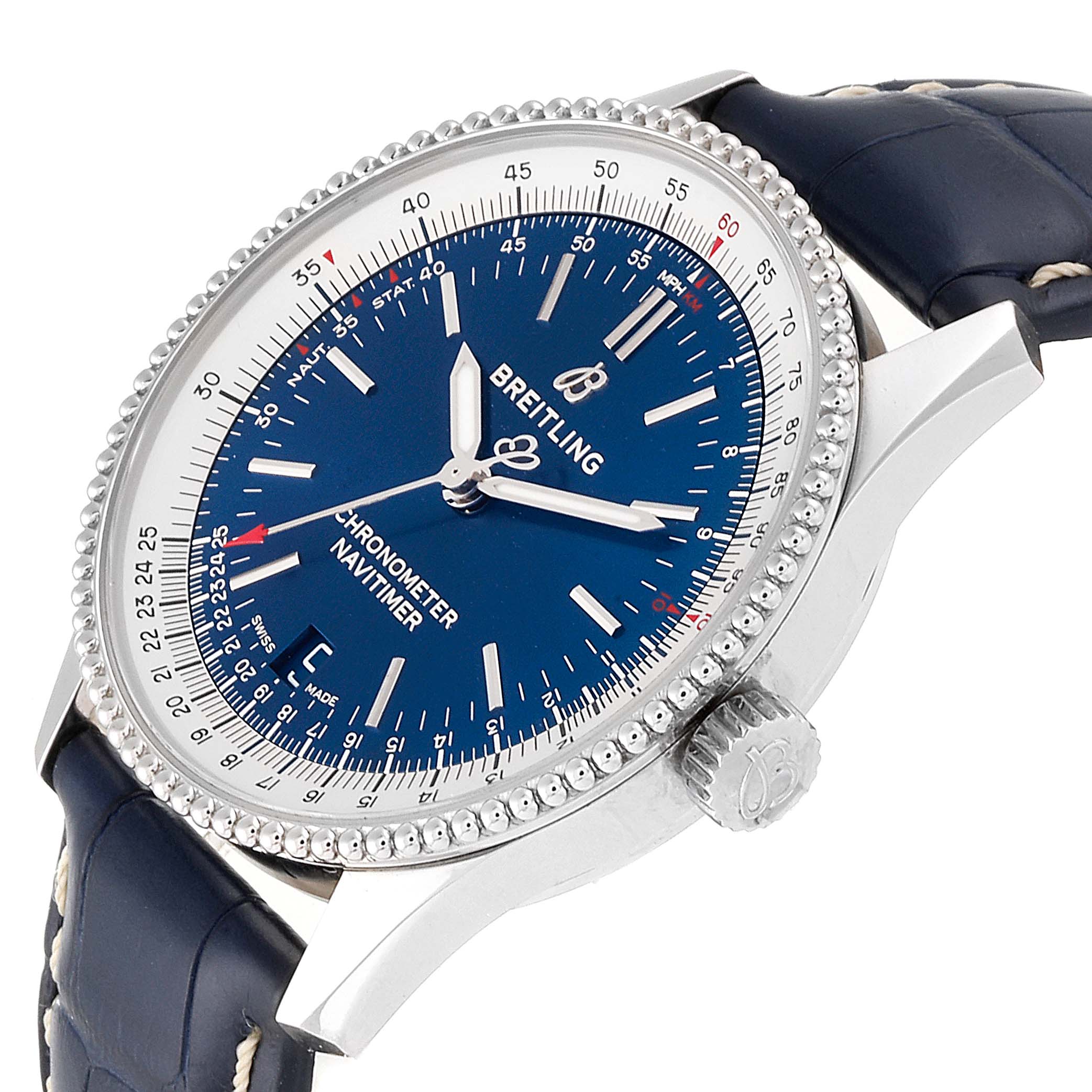 This Breitling Navitimer A17325 Men
s Stainless Steel Blue Dial A17325 Men
s Stainless Steel Blue Dial watch is shown at a right-side angle, highlighting the blue dial, bezel, and part of the strap.