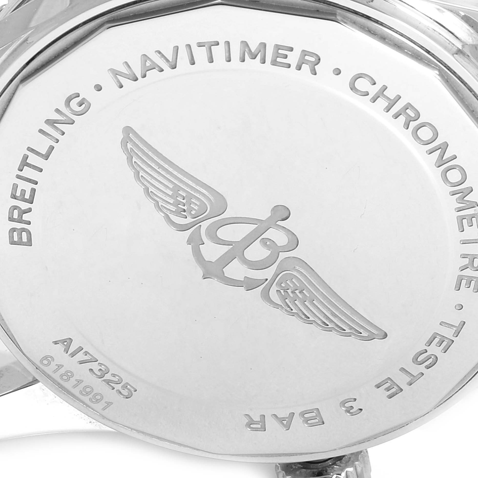 The image shows the back case of a Breitling Navitimer A17325 Men
s Stainless Steel Blue Dial A17325 Men
s Stainless Steel Blue Dial watch, featuring its logo and model details.