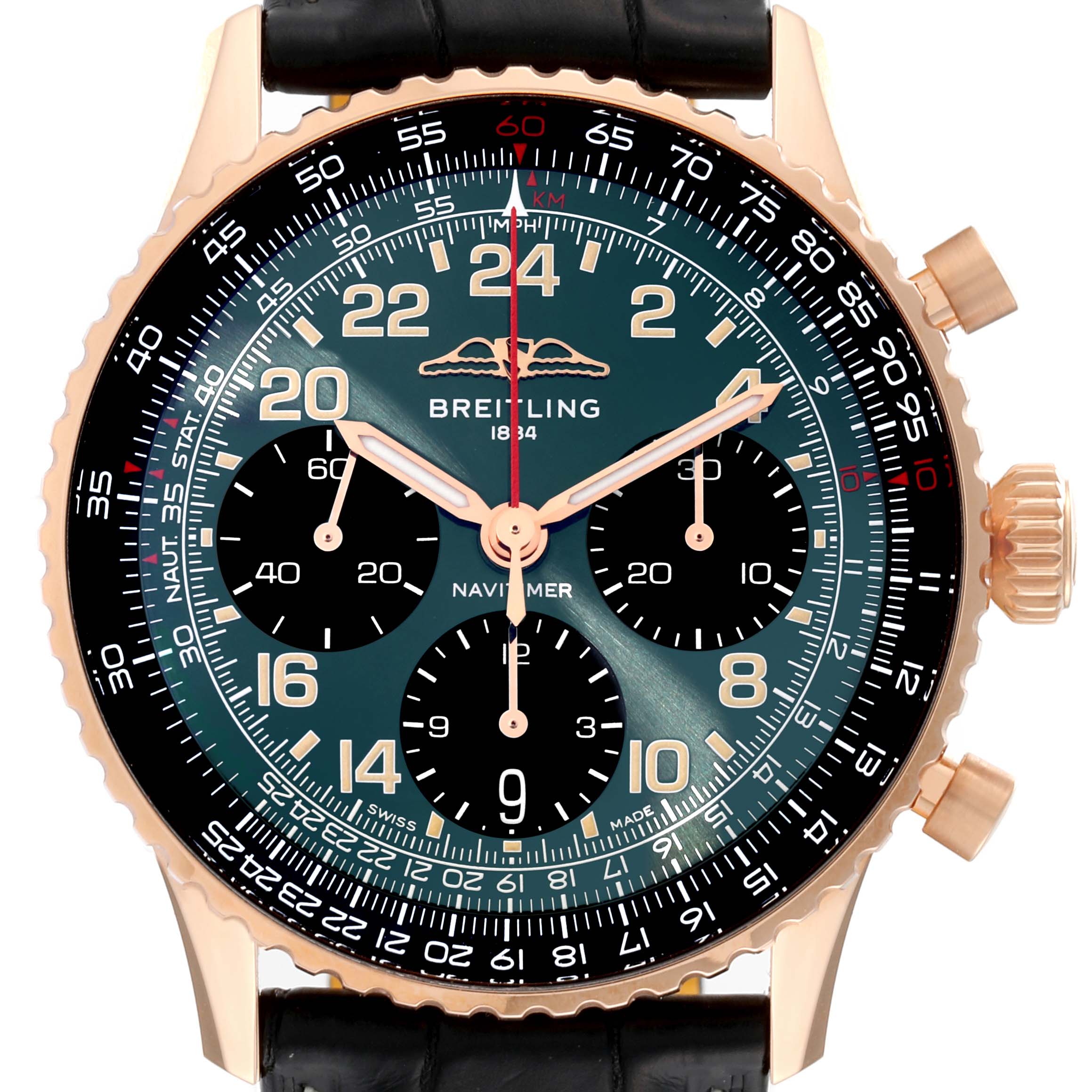 This image shows a close-up of the Breitling Navitimer RB12302A1L1P1 Men's Rose Gold Green Dial RB12302A1L1P1 Men's Rose Gold Green Dial watch face, highlighting the chronograph dials and bezel in detail.