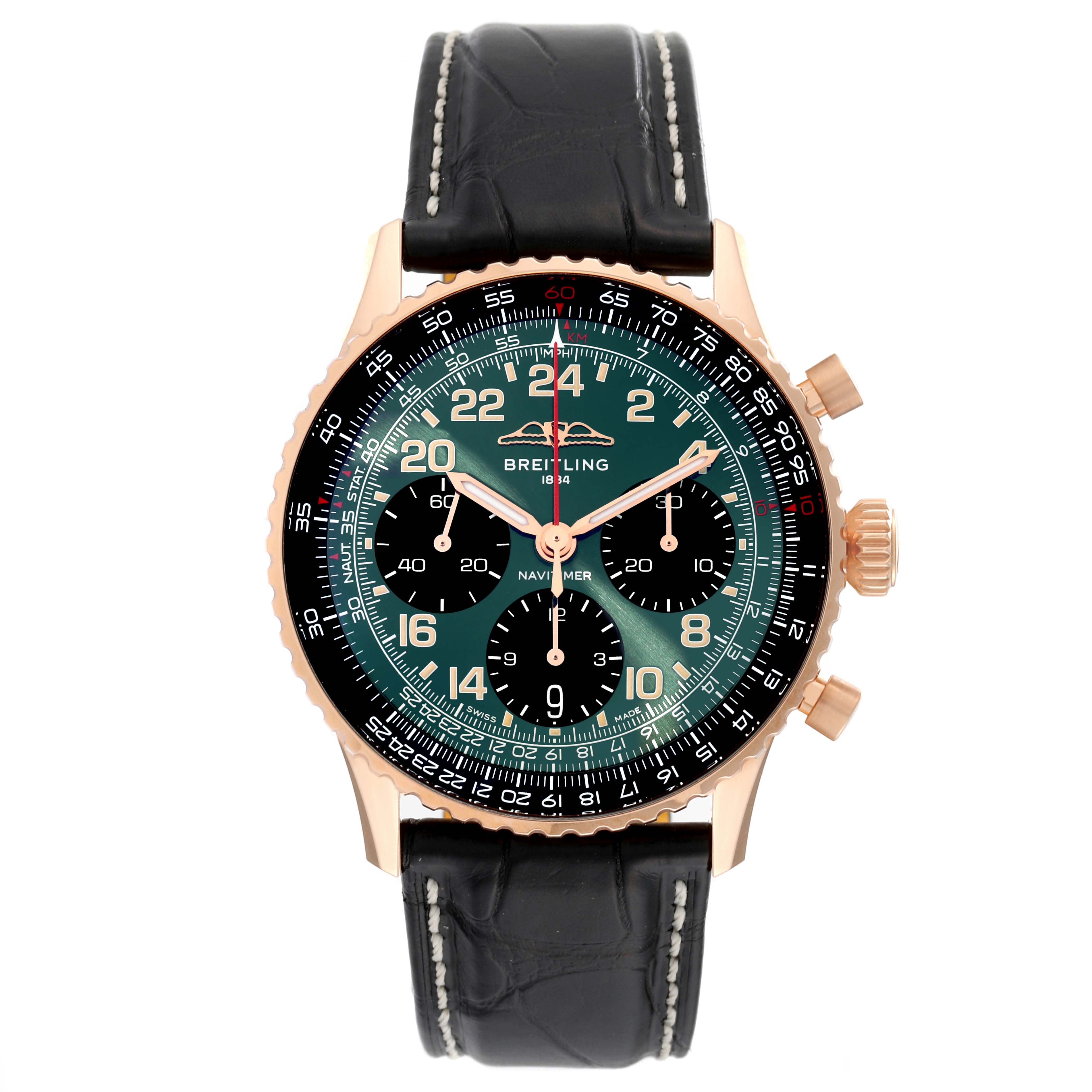 The image shows a Breitling Navitimer RB12302A1L1P1 Men's Rose Gold Green Dial RB12302A1L1P1 Men's Rose Gold Green Dial watch from a front angle, featuring a green dial, gold case, and black leather strap.