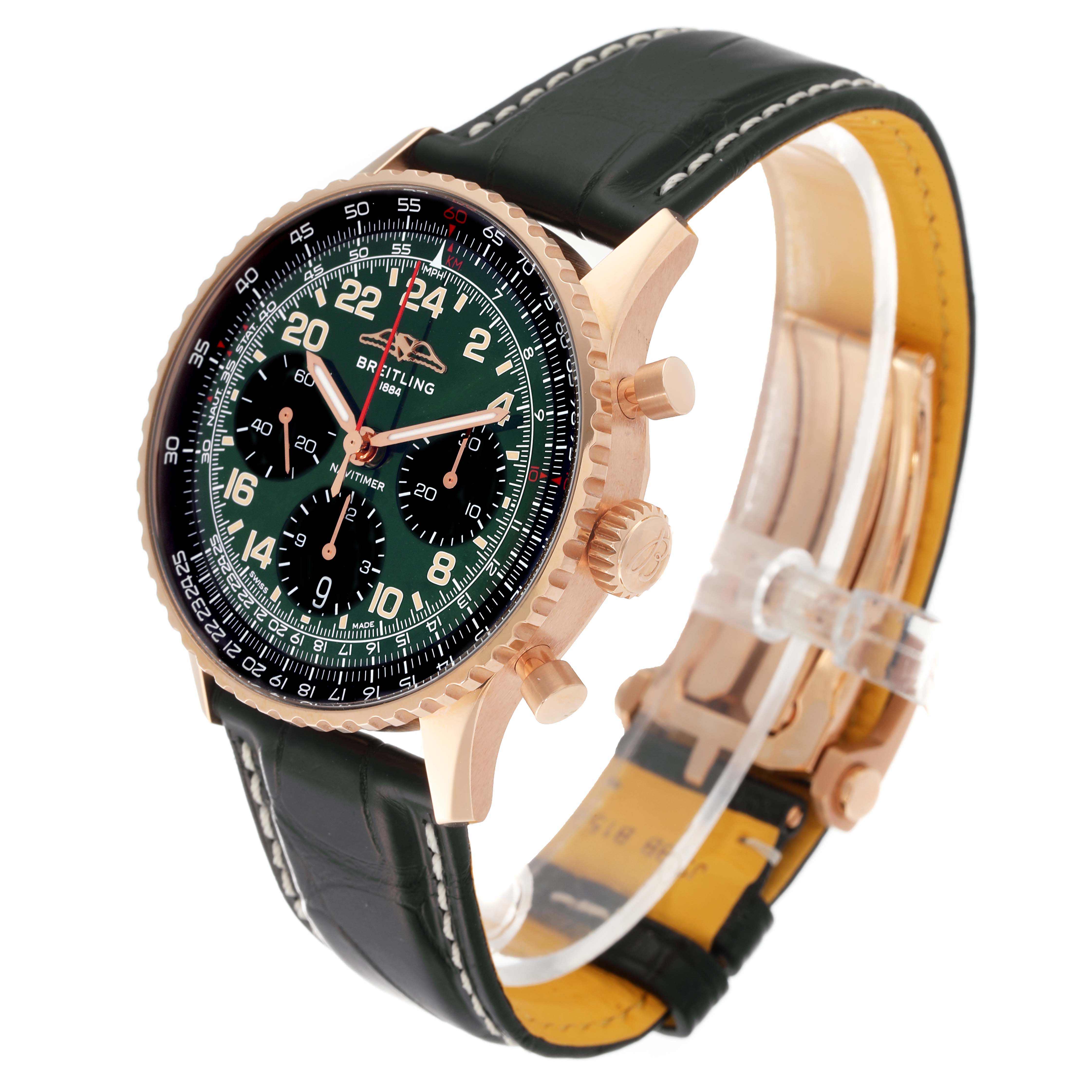 This Breitling Navitimer RB12302A1L1P1 Men's Rose Gold Green Dial RB12302A1L1P1 Men's Rose Gold Green Dial is shown at an angled side view, highlighting its green dial, rose gold case, and black leather strap.