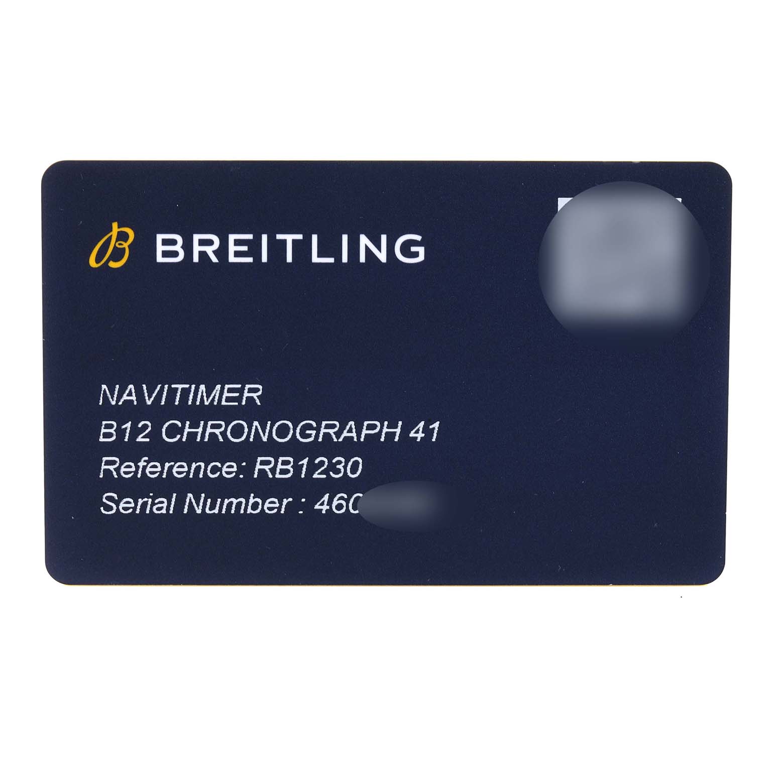 The image shows a Breitling warranty card for the Navitimer B12 Chronograph 41 model with reference RB1230.