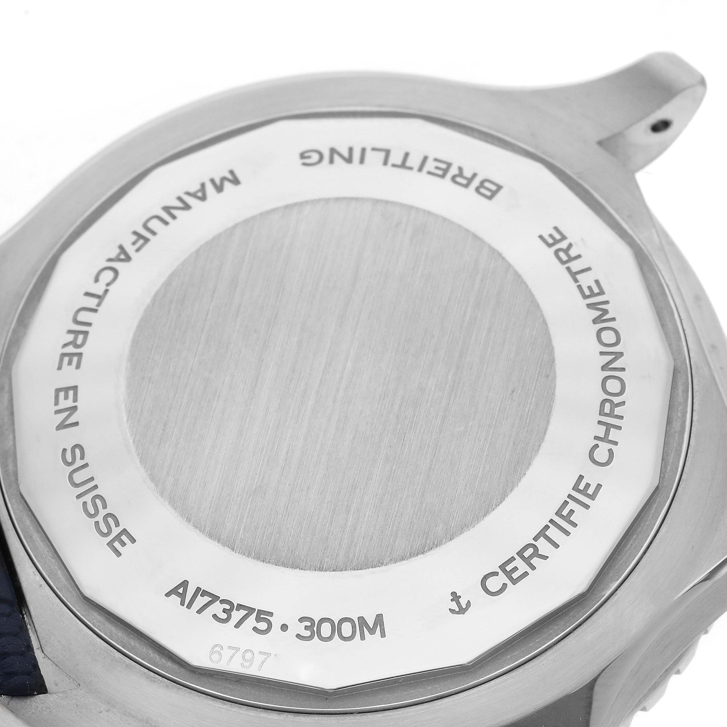 The image shows the back case of a Breitling Superocean A17375 Men
s Stainless Steel Blue Dial A17375 Men
s Stainless Steel Blue Dial watch, highlighting engravings and the model number.