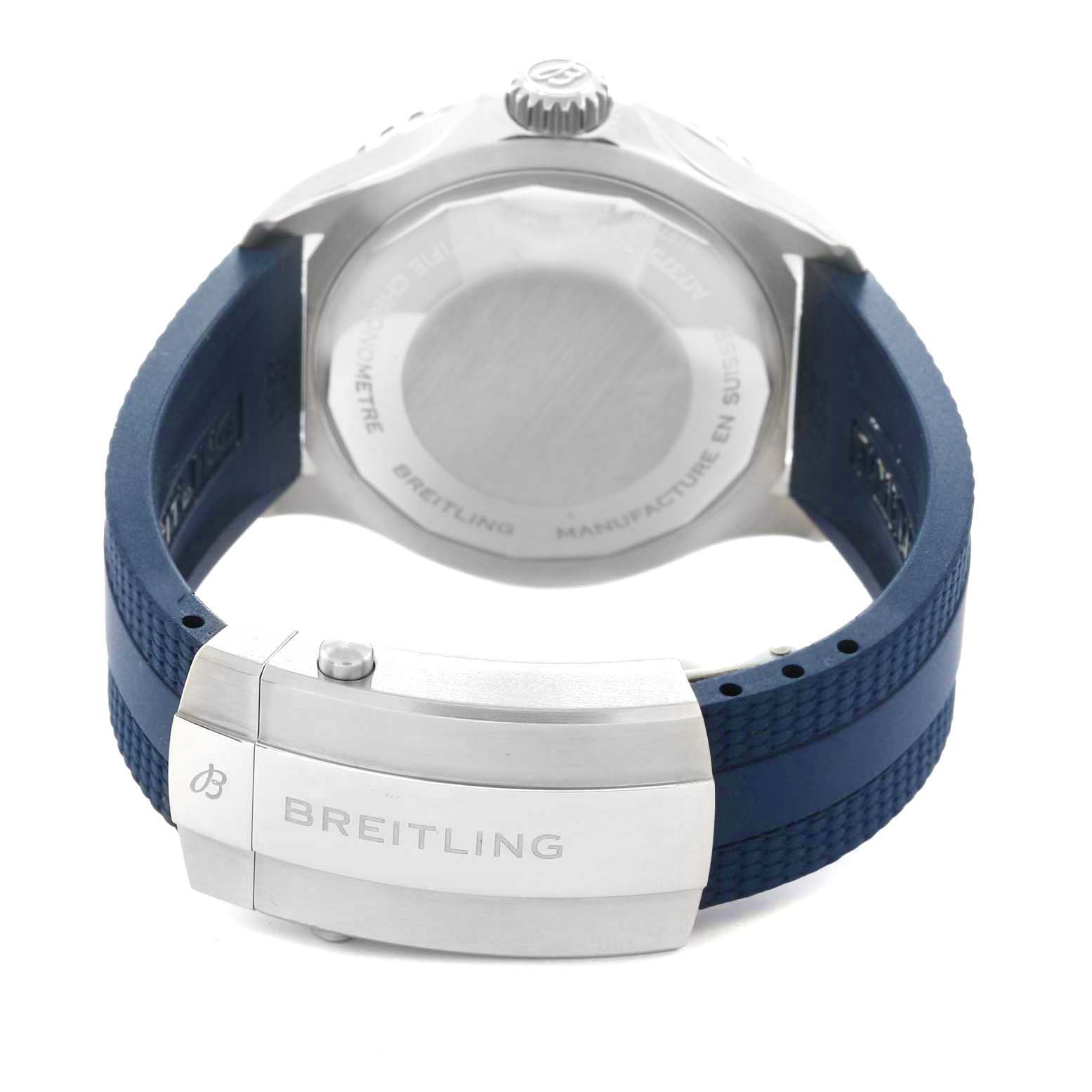 The image shows the back and clasp of a Breitling Superocean A17375 Men
s Stainless Steel Blue Dial A17375 Men
s Stainless Steel Blue Dial watch, focusing on the stainless steel case back and blue rubber strap.