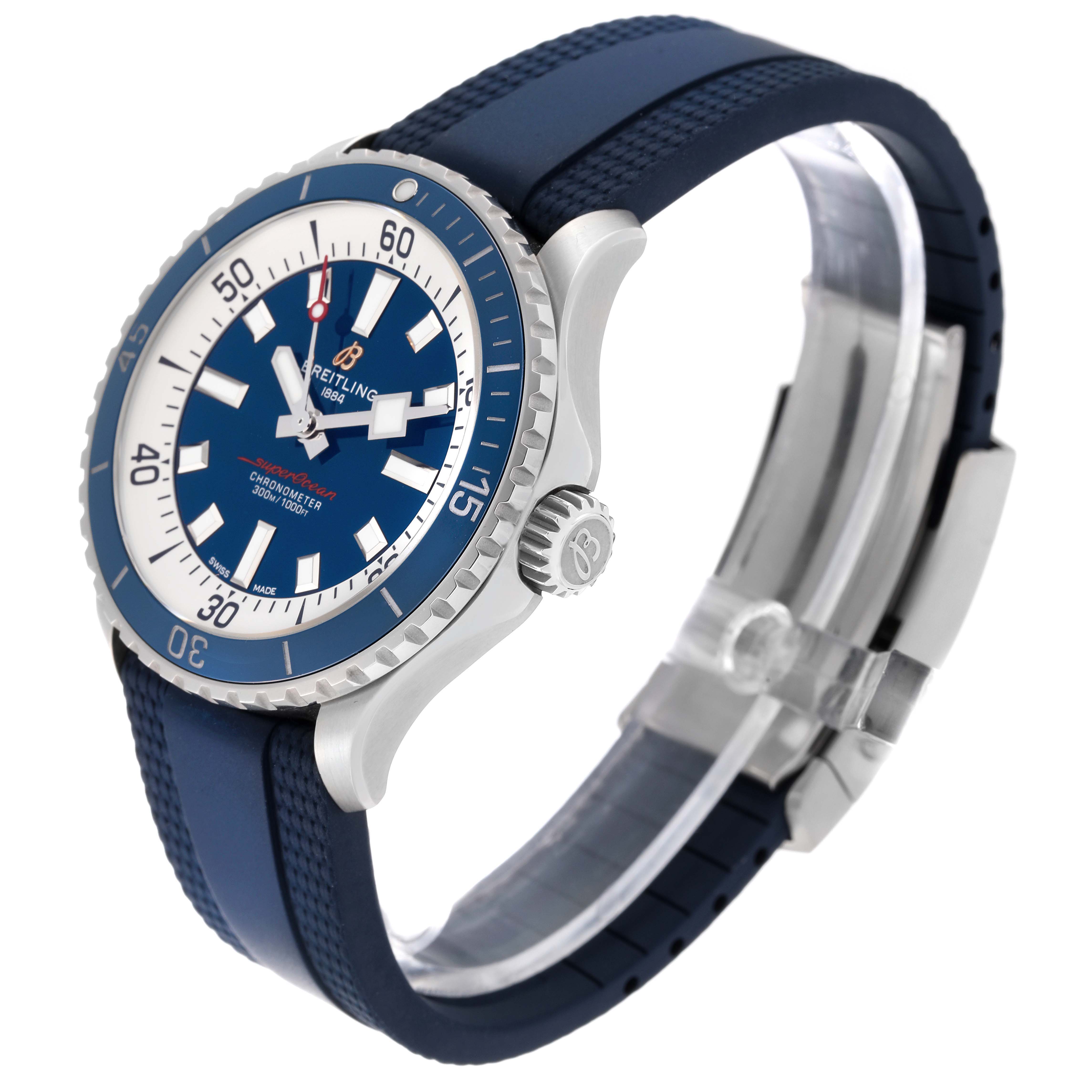 The Breitling Superocean A17375 Men
s Stainless Steel Blue Dial A17375 Men
s Stainless Steel Blue Dial watch is shown at a three-quarter angle, highlighting the dial, bezel, crown, and blue strap.