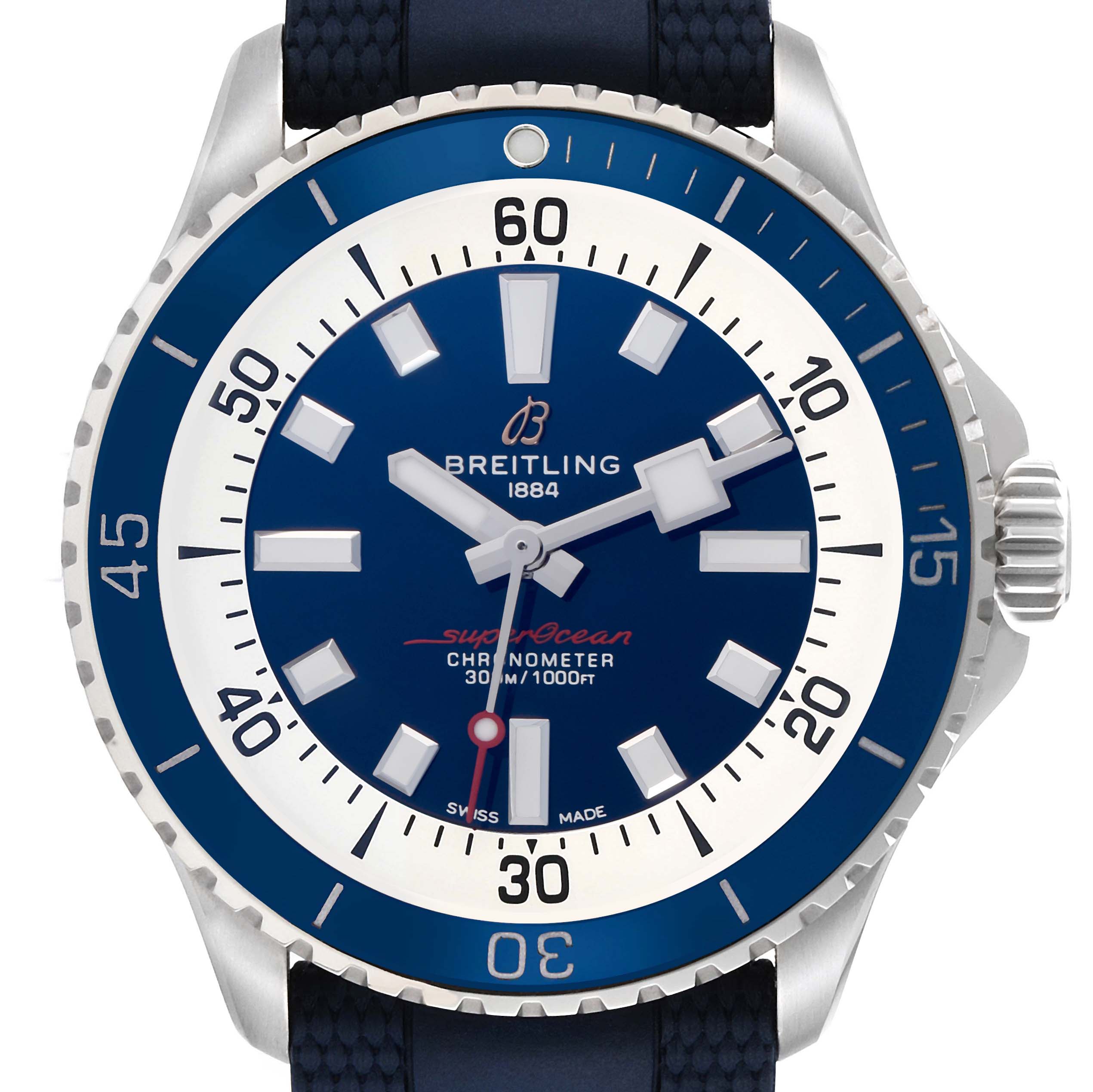 The Breitling Superocean A17375 Men
s Stainless Steel Blue Dial A17375 Men
s Stainless Steel Blue Dial watch is shown from a straight-on angle, displaying the face, bezel, and part of the strap.
