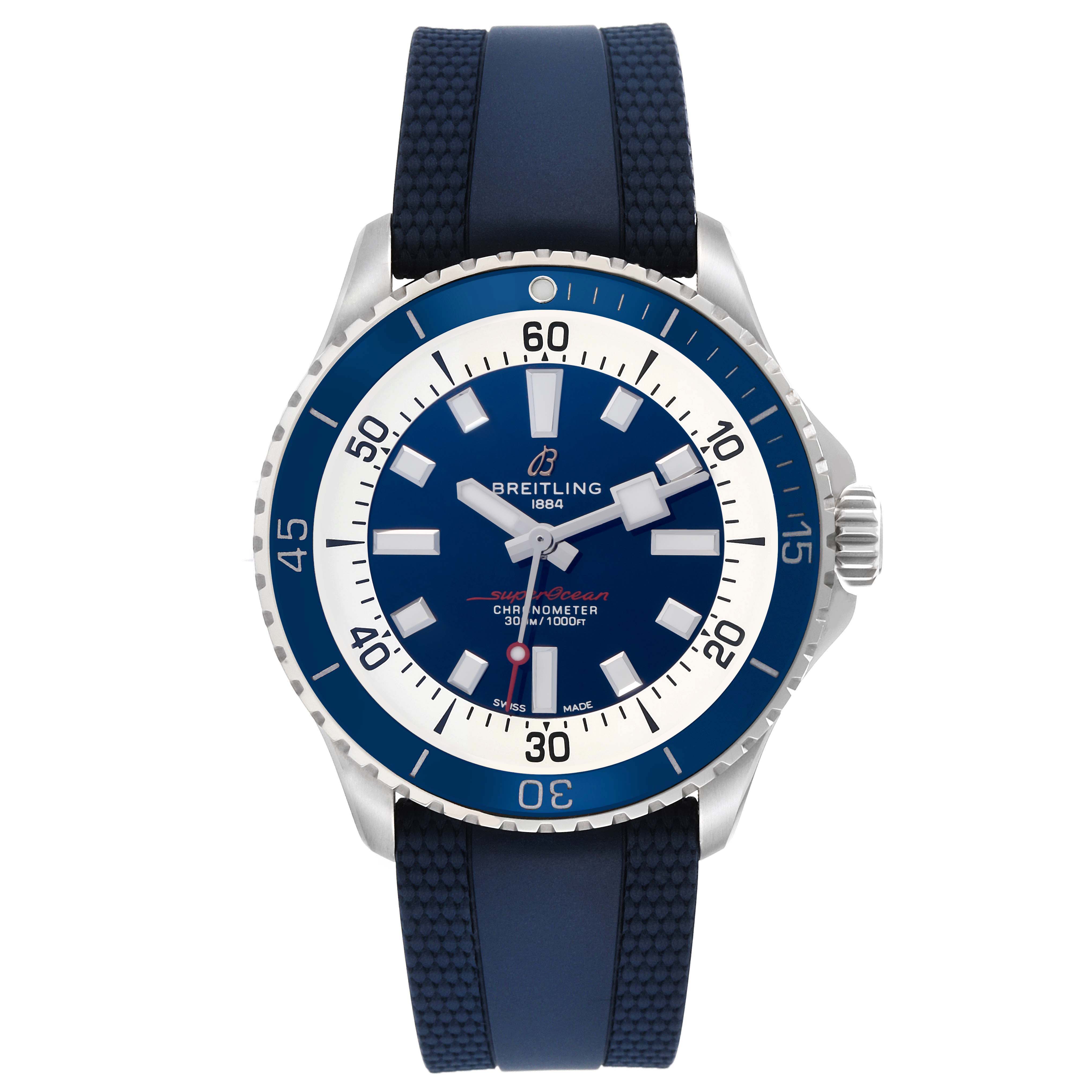 The Breitling Superocean A17375 Men
s Stainless Steel Blue Dial A17375 Men
s Stainless Steel Blue Dial watch is shown from the front, highlighting the dial, bezel, and strap.