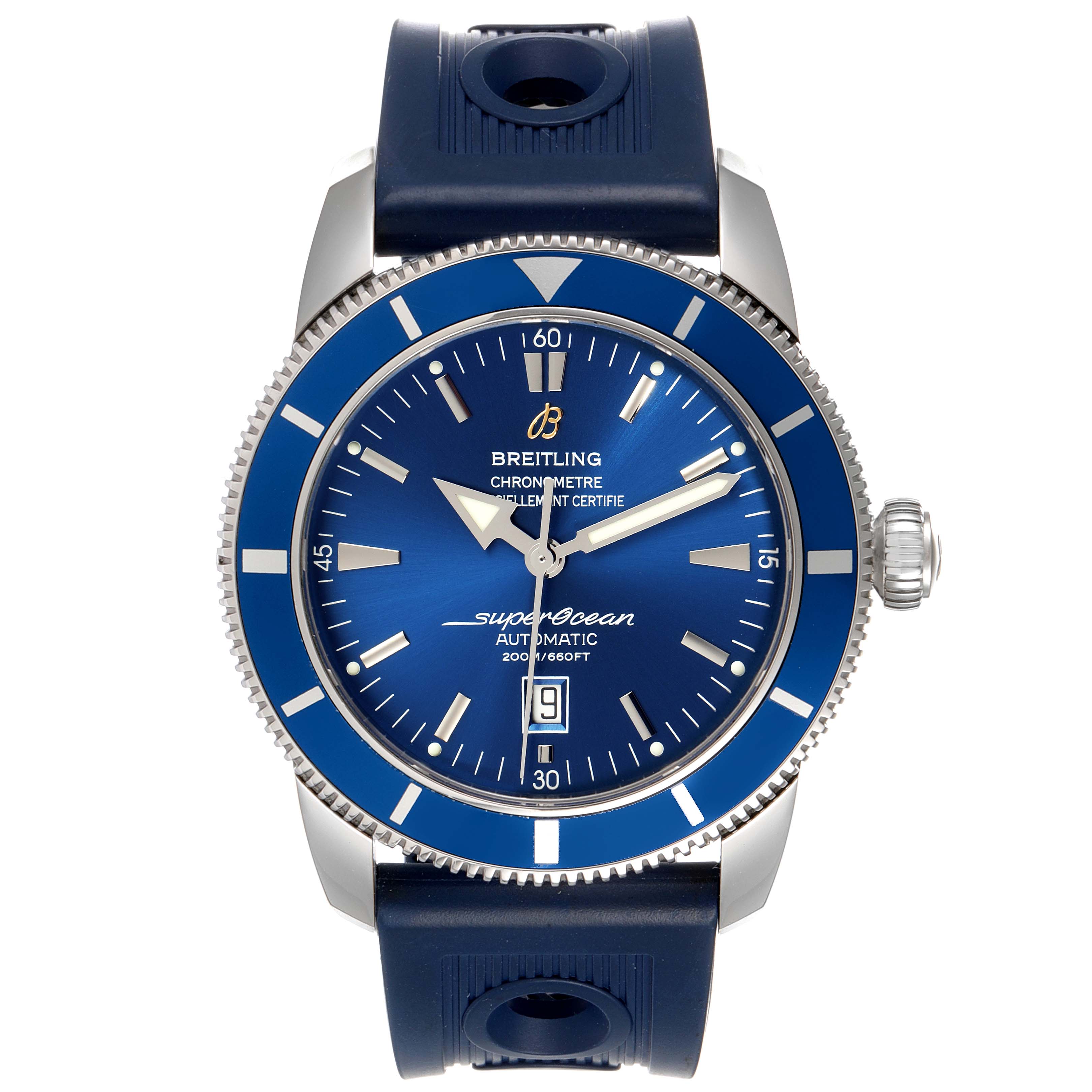 This image shows a frontal view of the Breitling Superocean A17320 Men's Stainless Steel Blue Dial A17320 Men's Stainless Steel Blue Dial watch displaying the dial, bezel, hands, and rubber strap.