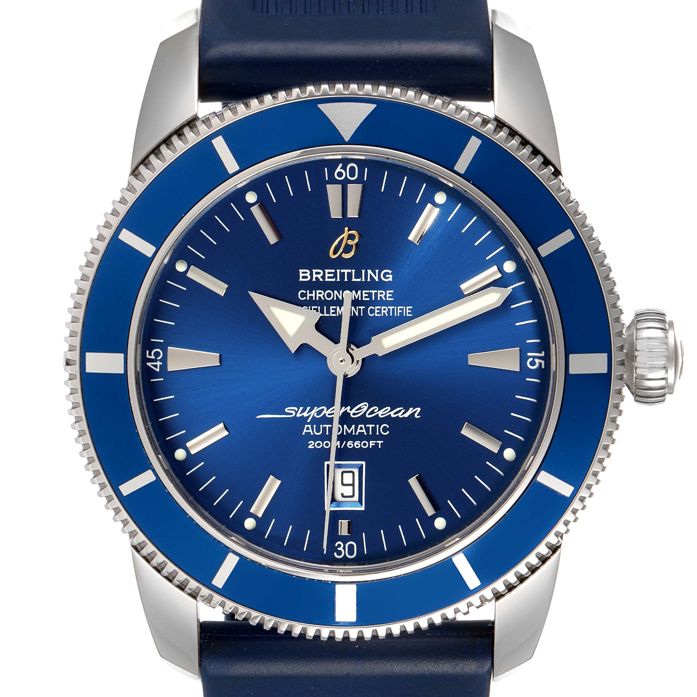 The image shows a Breitling Superocean A17320 Men's Stainless Steel Blue Dial A17320 Men's Stainless Steel Blue Dial watch face from a front angle, highlighting its blue dial and bezel, hands, hour markers, and date window.
