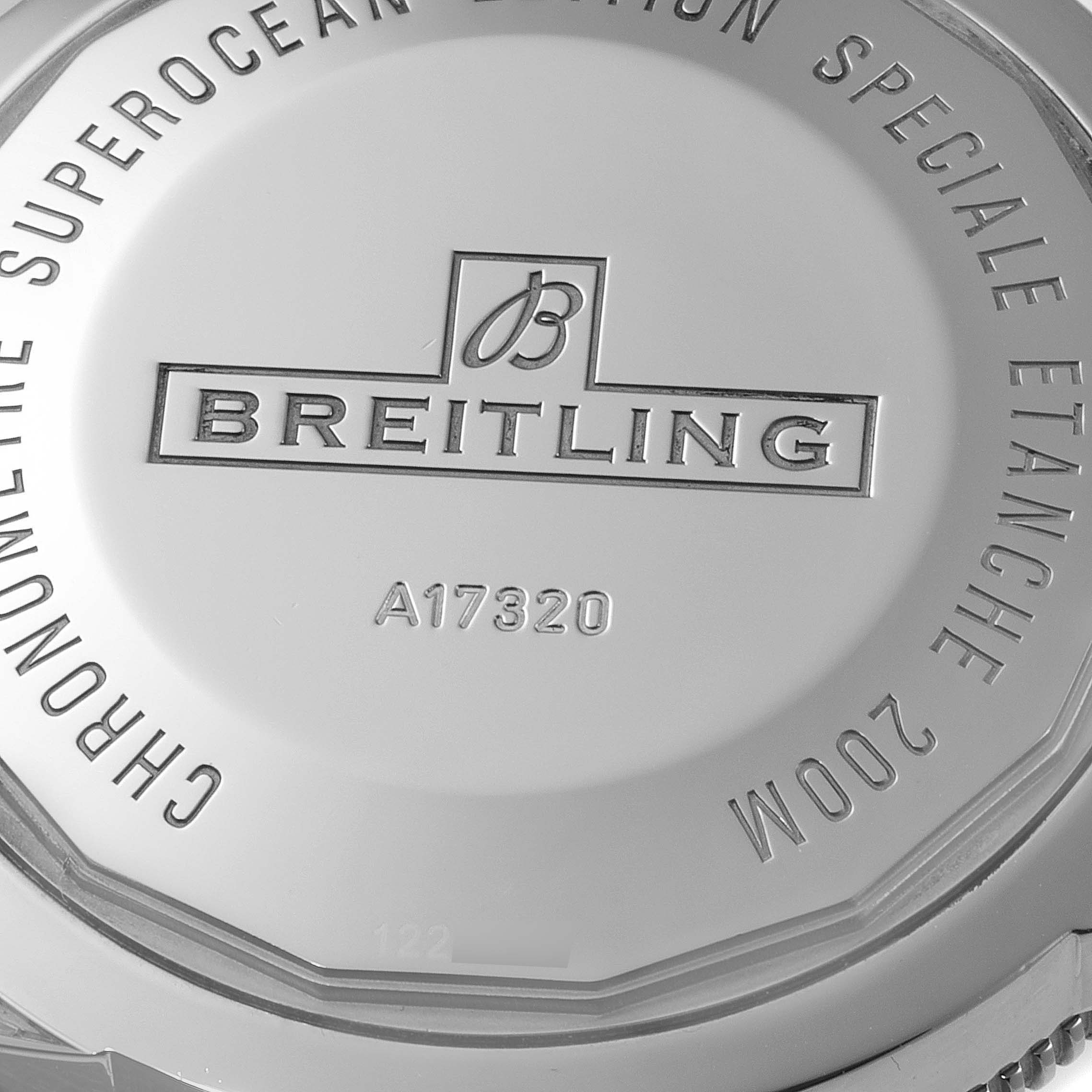The image shows the back case of a Breitling Superocean A17320 Men's Stainless Steel Blue Dial A17320 Men's Stainless Steel Blue Dial watch, featuring model number A17320.