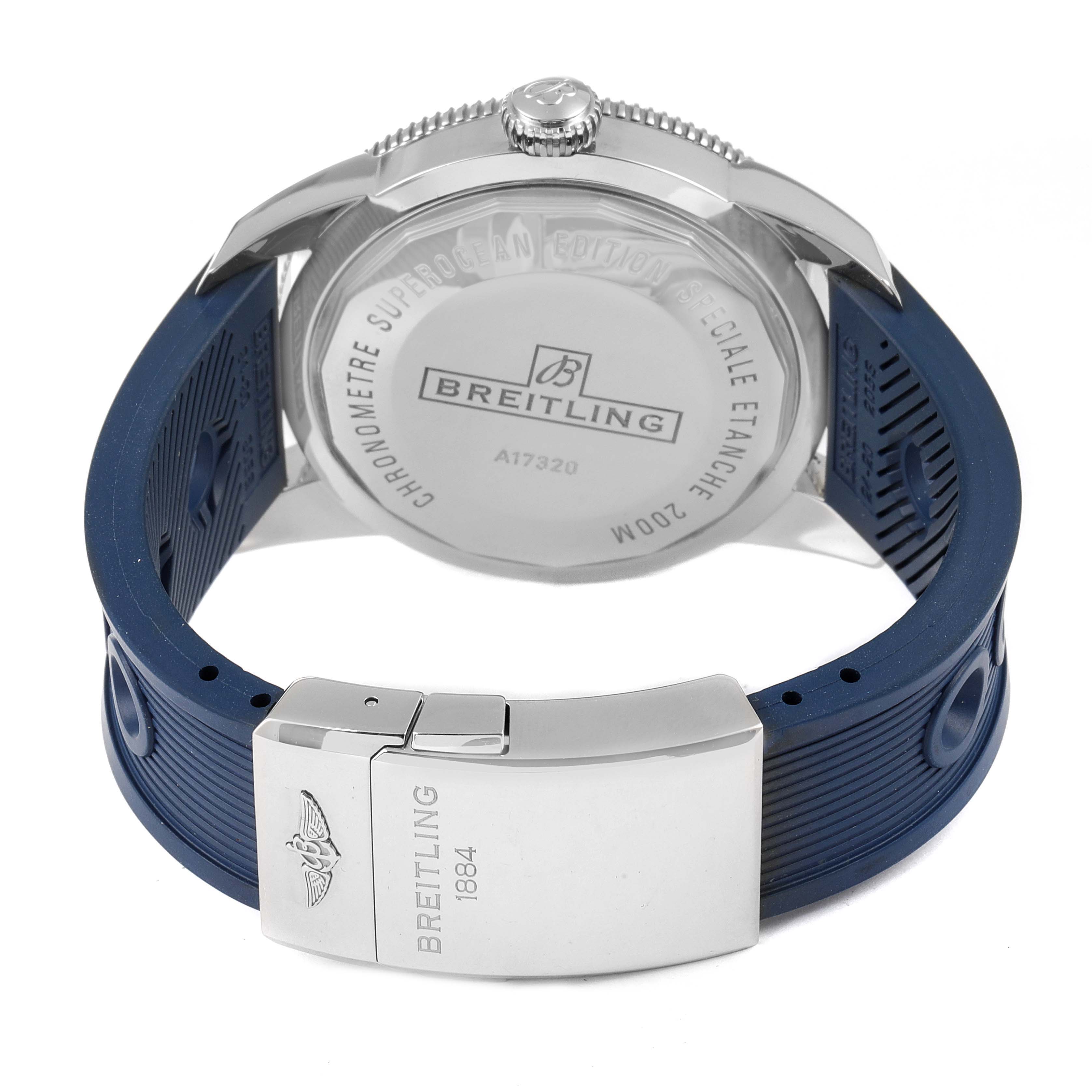 The image shows the back case and strap of a Breitling Superocean A17320 Men's Stainless Steel Blue Dial A17320 Men's Stainless Steel Blue Dial watch from a rear angle.