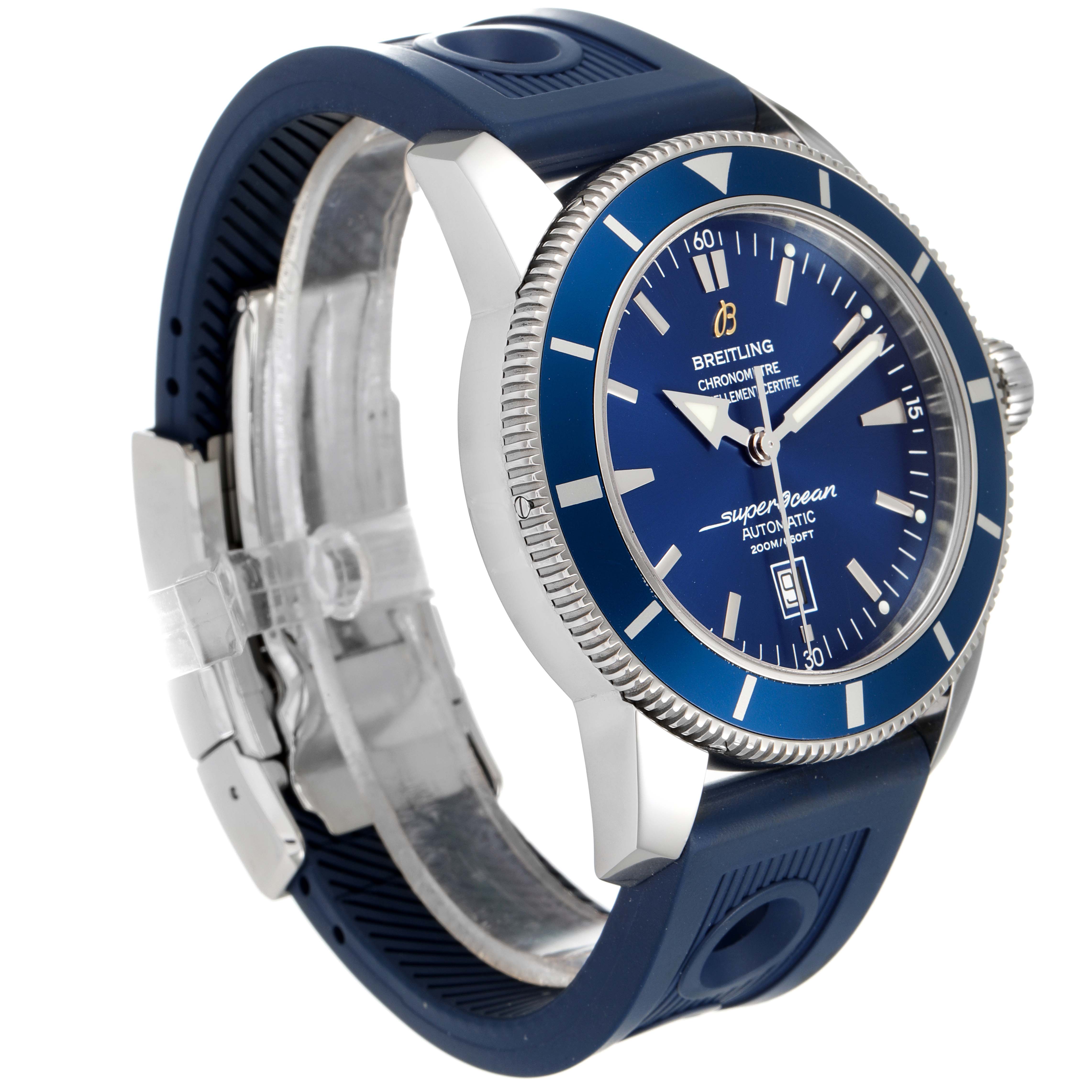 The image shows a side angle of a Breitling Superocean A17320 Men's Stainless Steel Blue Dial A17320 Men's Stainless Steel Blue Dial watch, highlighting the blue dial, bezel, and rubber strap.