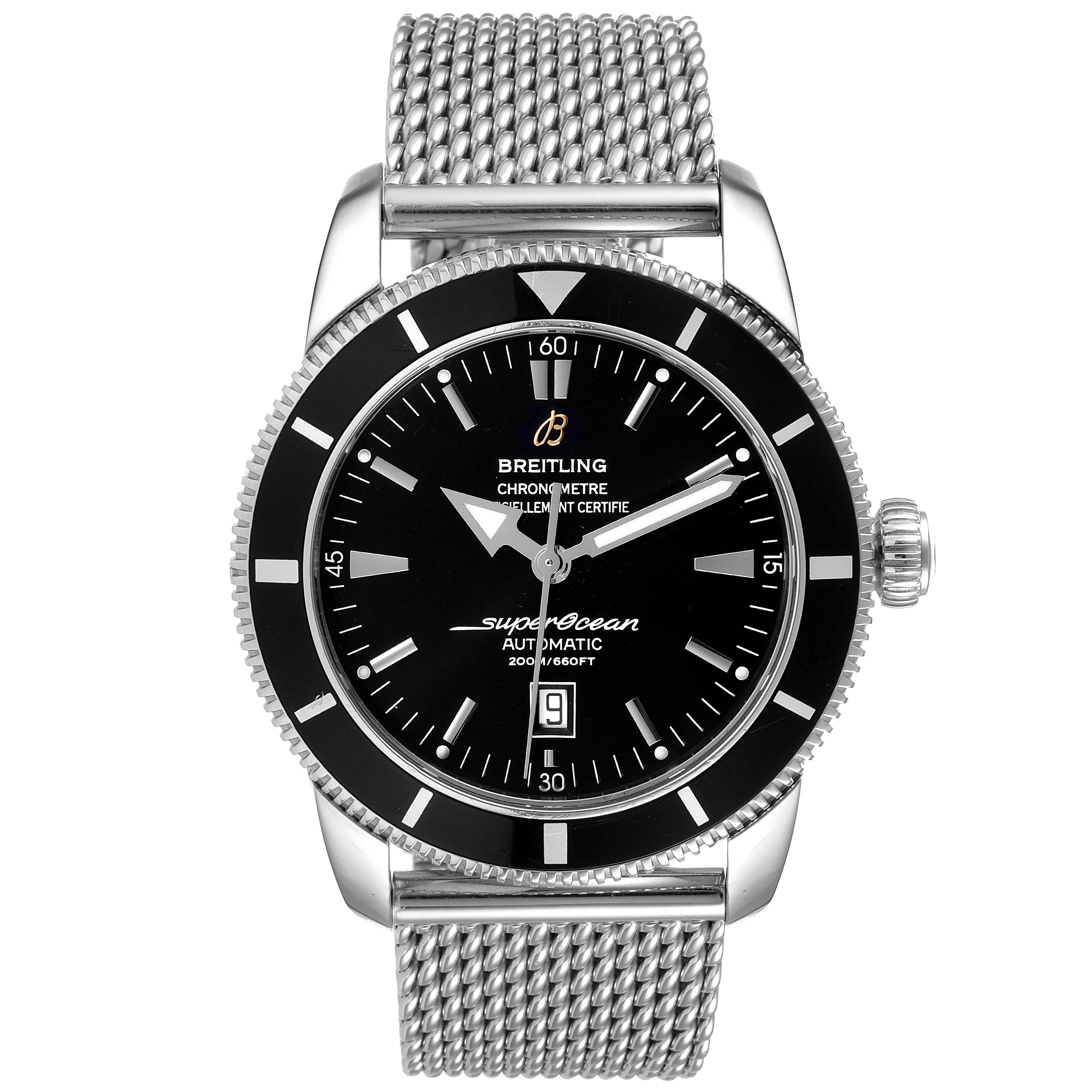 The image shows a front view of the Breitling Superocean A17320 Men's Stainless Steel Black Dial A17320 Men's Stainless Steel Black Dial watch, highlighting the dial, bezel, and mesh strap.