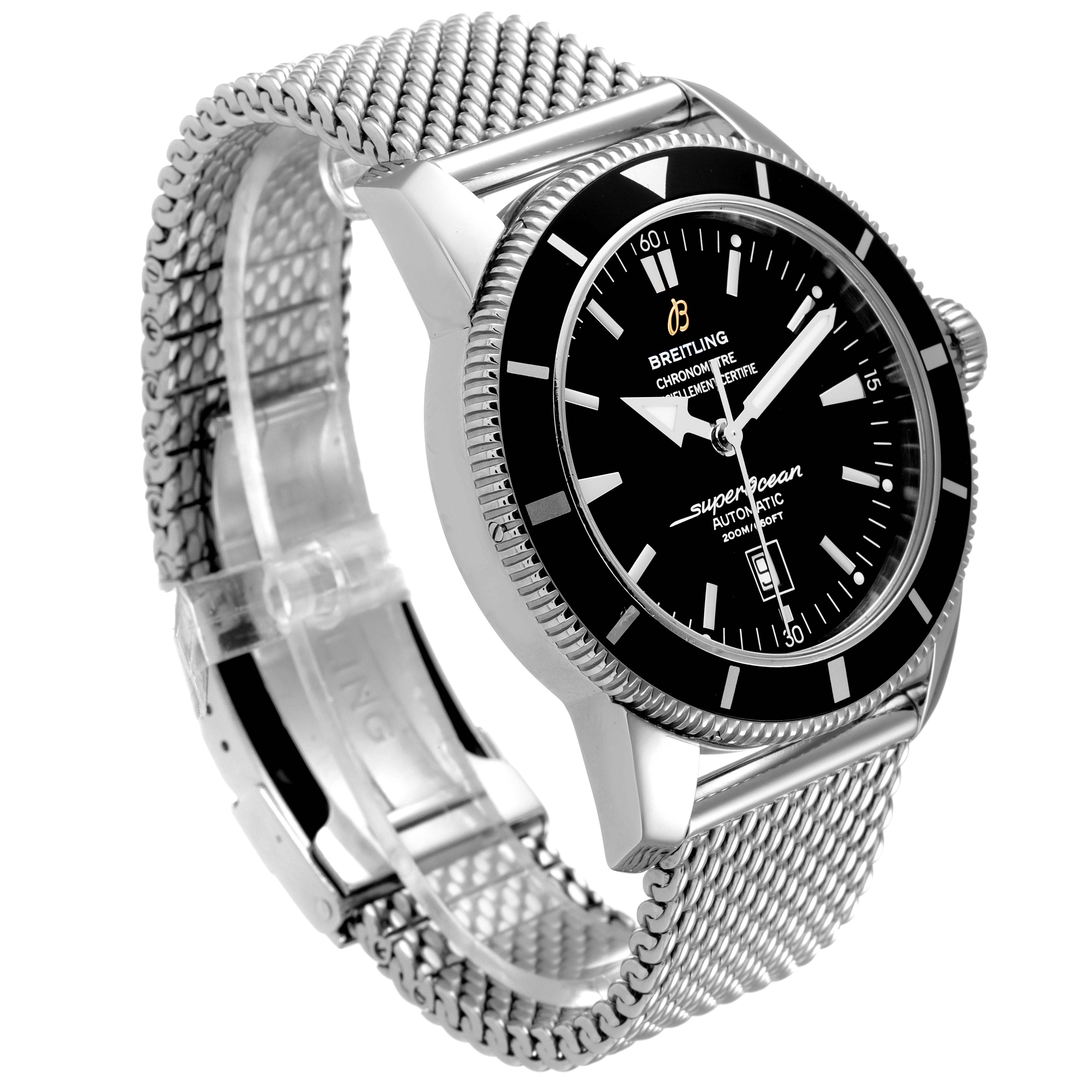 The image shows a side angle of a Breitling Superocean A17320 Men's Stainless Steel Black Dial A17320 Men's Stainless Steel Black Dial watch, highlighting its mesh bracelet, black dial, and polished case.