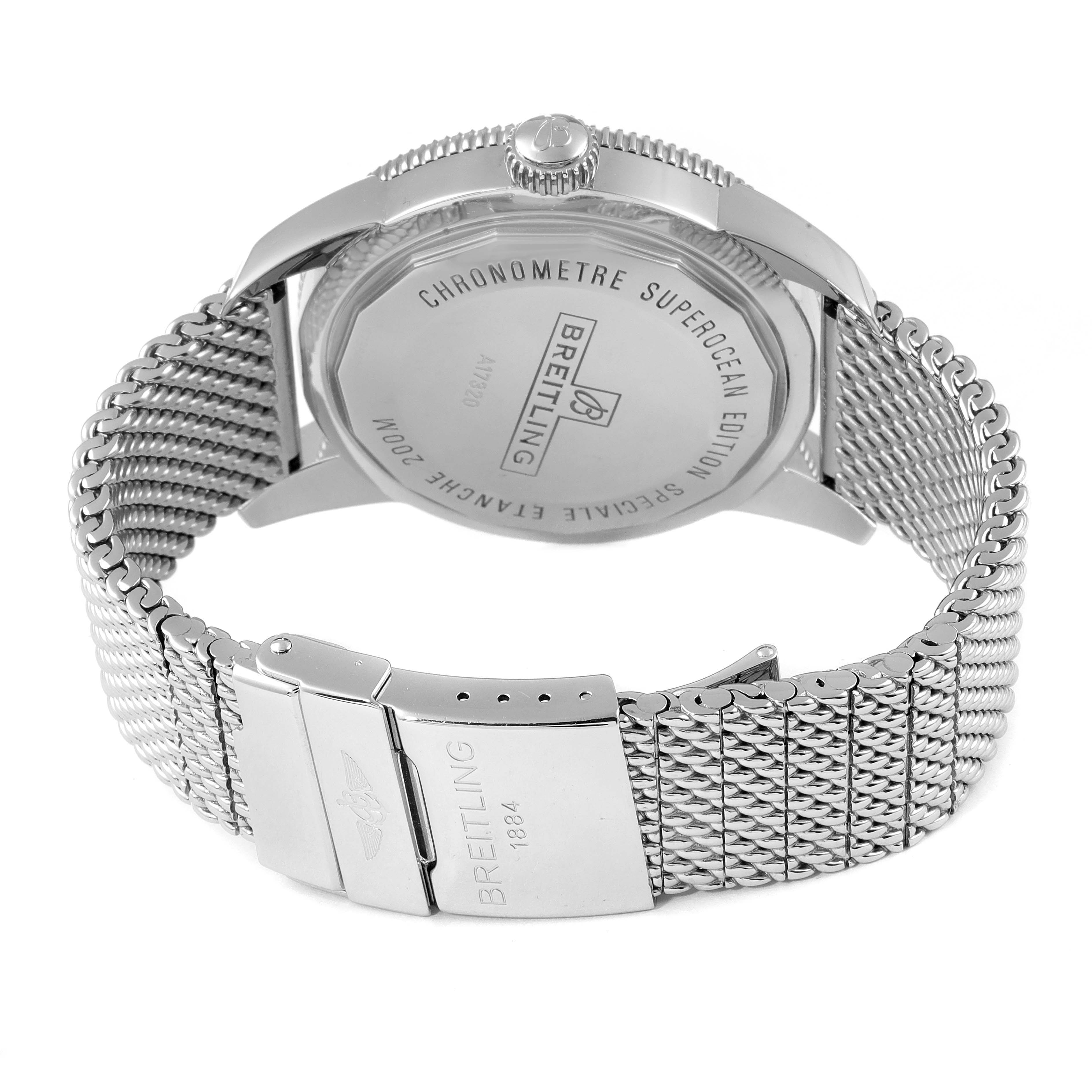 The image shows the back side and the clasp of a Breitling Superocean A17320 Men's Stainless Steel Black Dial A17320 Men's Stainless Steel Black Dial watch, featuring a mesh bracelet.
