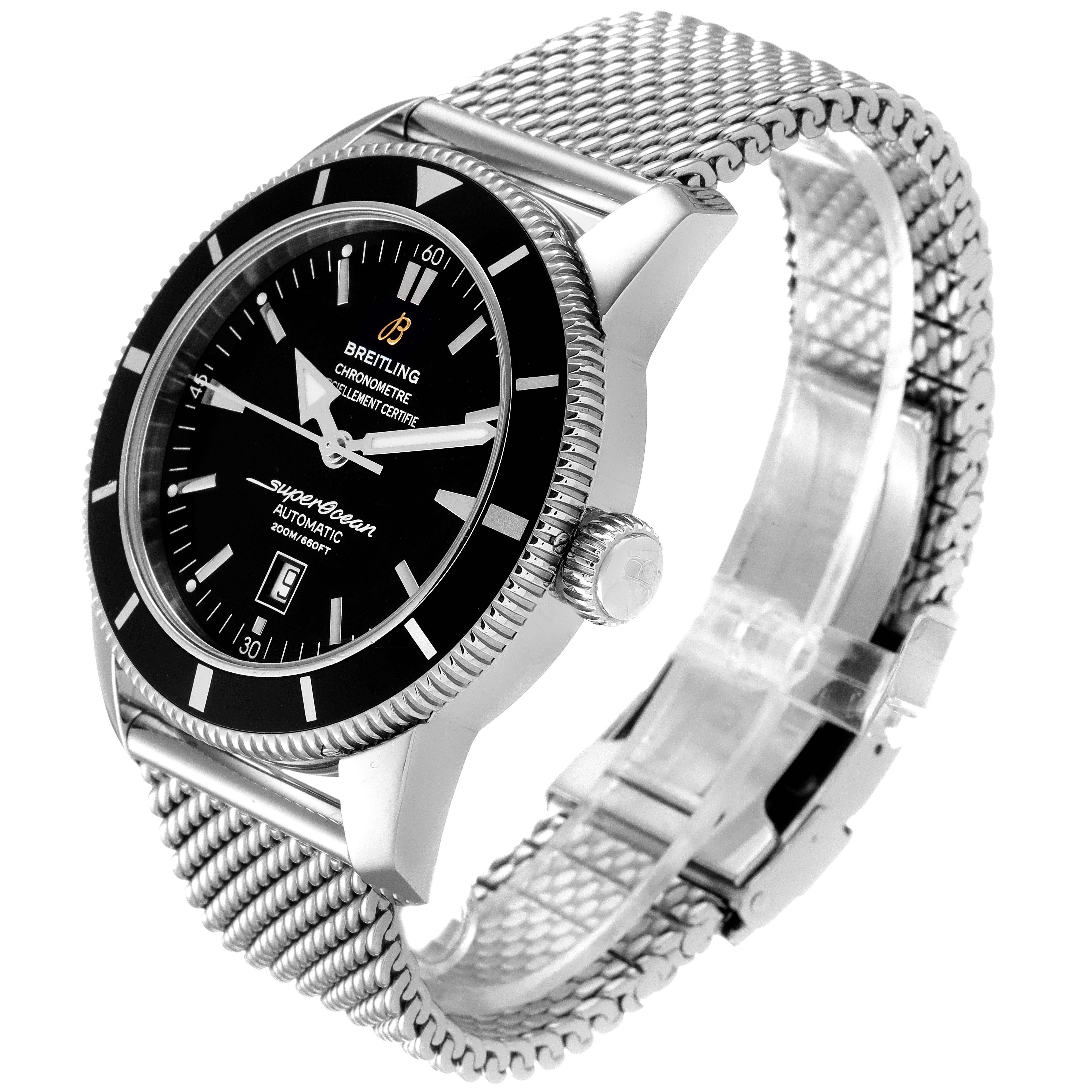 The image shows a Breitling Superocean A17320 Men's Stainless Steel Black Dial A17320 Men's Stainless Steel Black Dial watch angled from the front-right, highlighting the dial, bezel, crown, and metal bracelet.