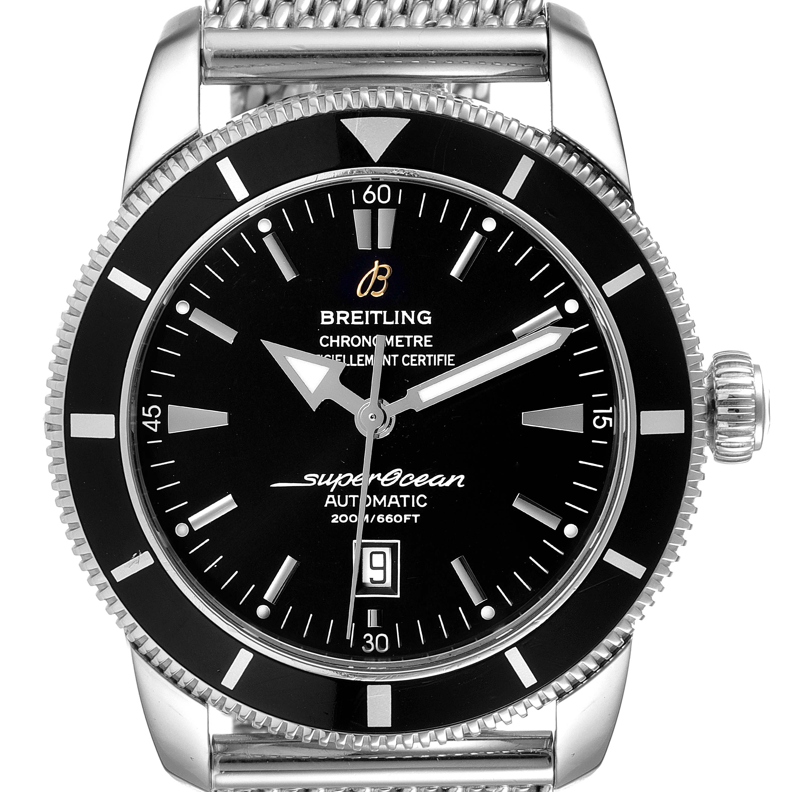 The image shows a front view of the Breitling Superocean A17320 Men's Stainless Steel Black Dial A17320 Men's Stainless Steel Black Dial watch, highlighting its dial, bezel, and part of the bracelet.