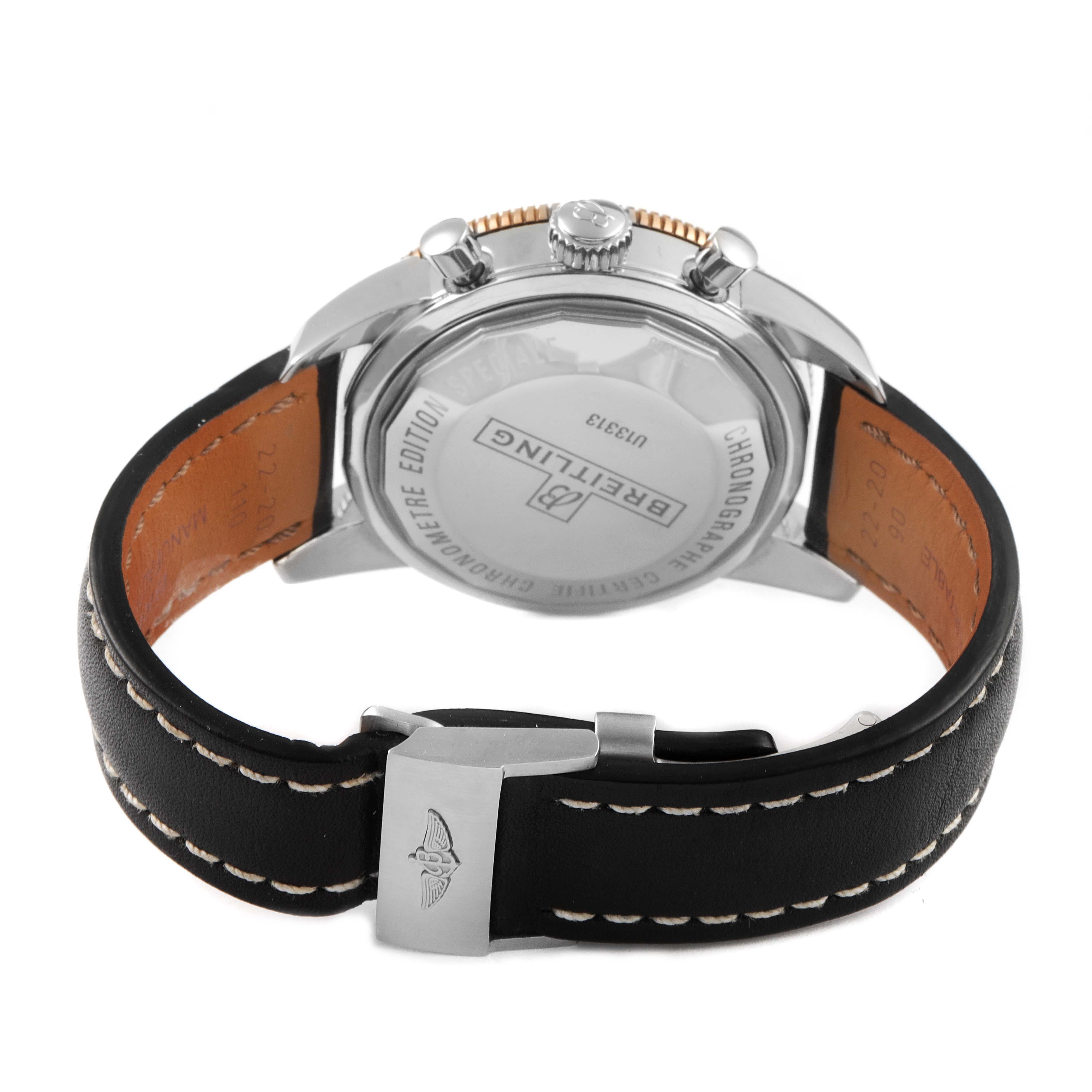 The image shows the back view of the Breitling Superocean U1331312/BG50/279S/A20D.4 Men's Stainless Steel Black Dial U1331312/BG50/279S/A20D.4 Men's Stainless Steel Black Dial watch, highlighting its case back, lugs, and leather strap with a clasp.