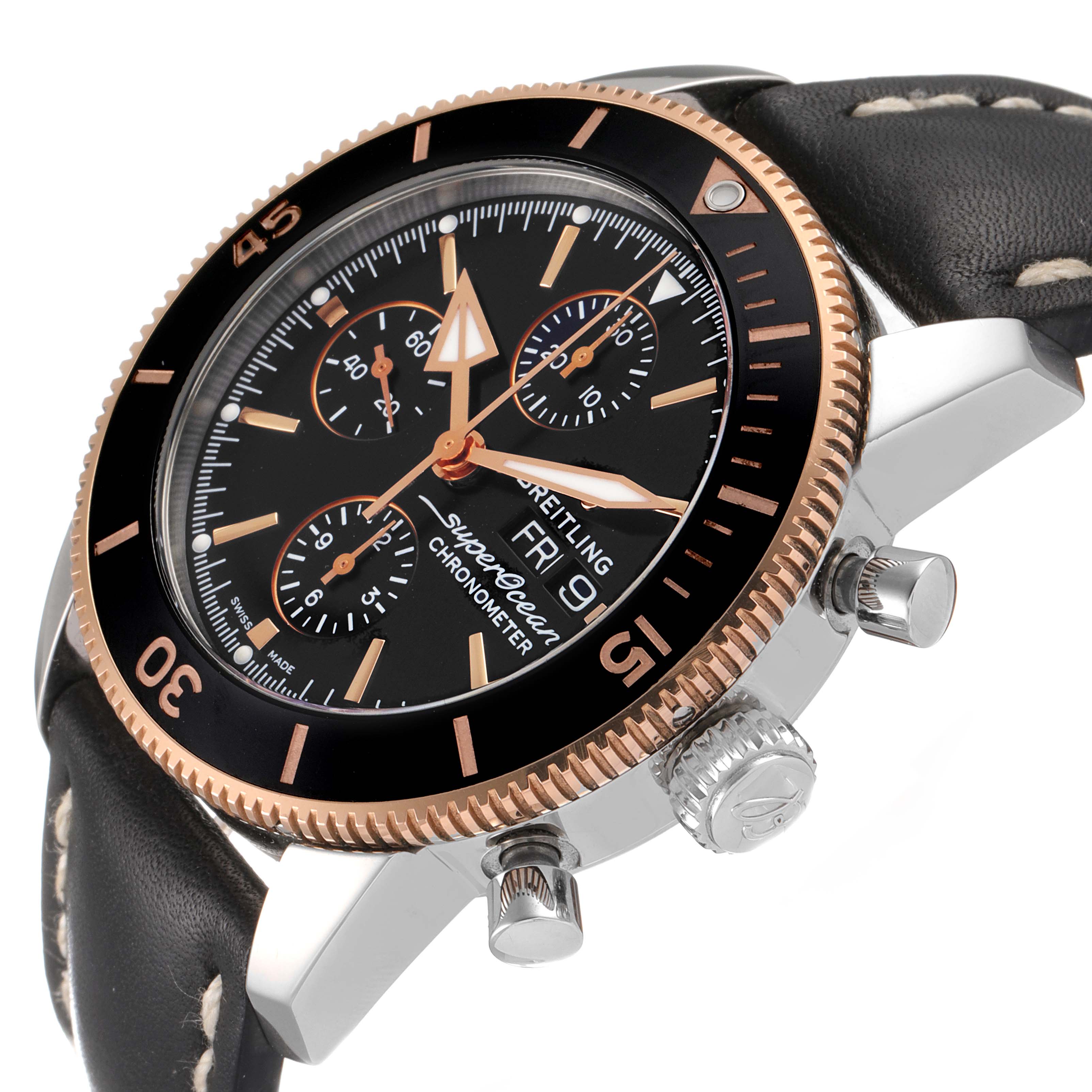 This image shows a Breitling Superocean U1331312/BG50/279S/A20D.4 Men's Stainless Steel Black Dial U1331312/BG50/279S/A20D.4 Men's Stainless Steel Black Dial watch at an angled side view, displaying the bezel, dial, subdials, crown, and pushers.