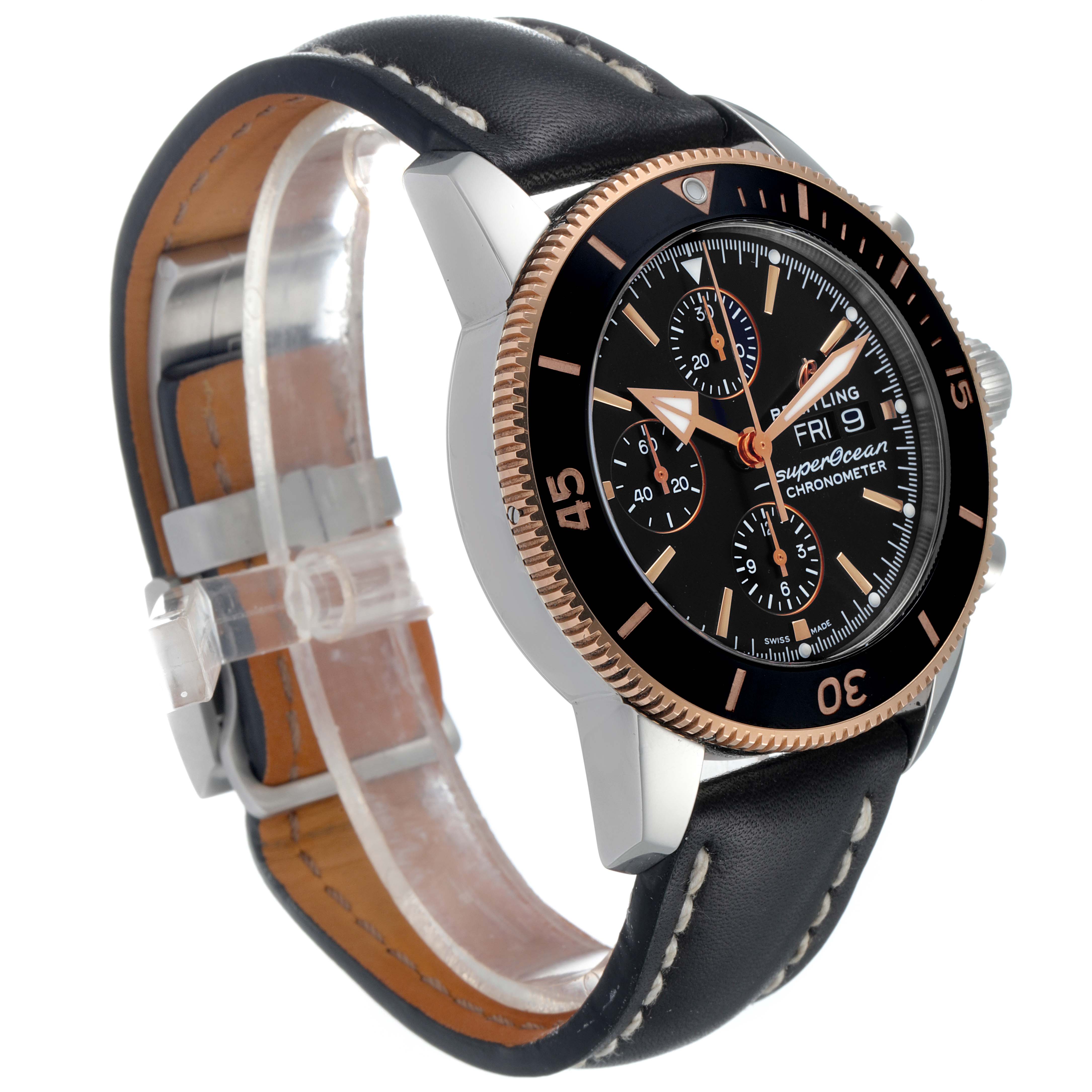 The image shows a side angle of the Breitling Superocean U1331312/BG50/279S/A20D.4 Men's Stainless Steel Black Dial U1331312/BG50/279S/A20D.4 Men's Stainless Steel Black Dial watch, featuring its black bezel, chronograph subdials, and leather strap with white stitching.