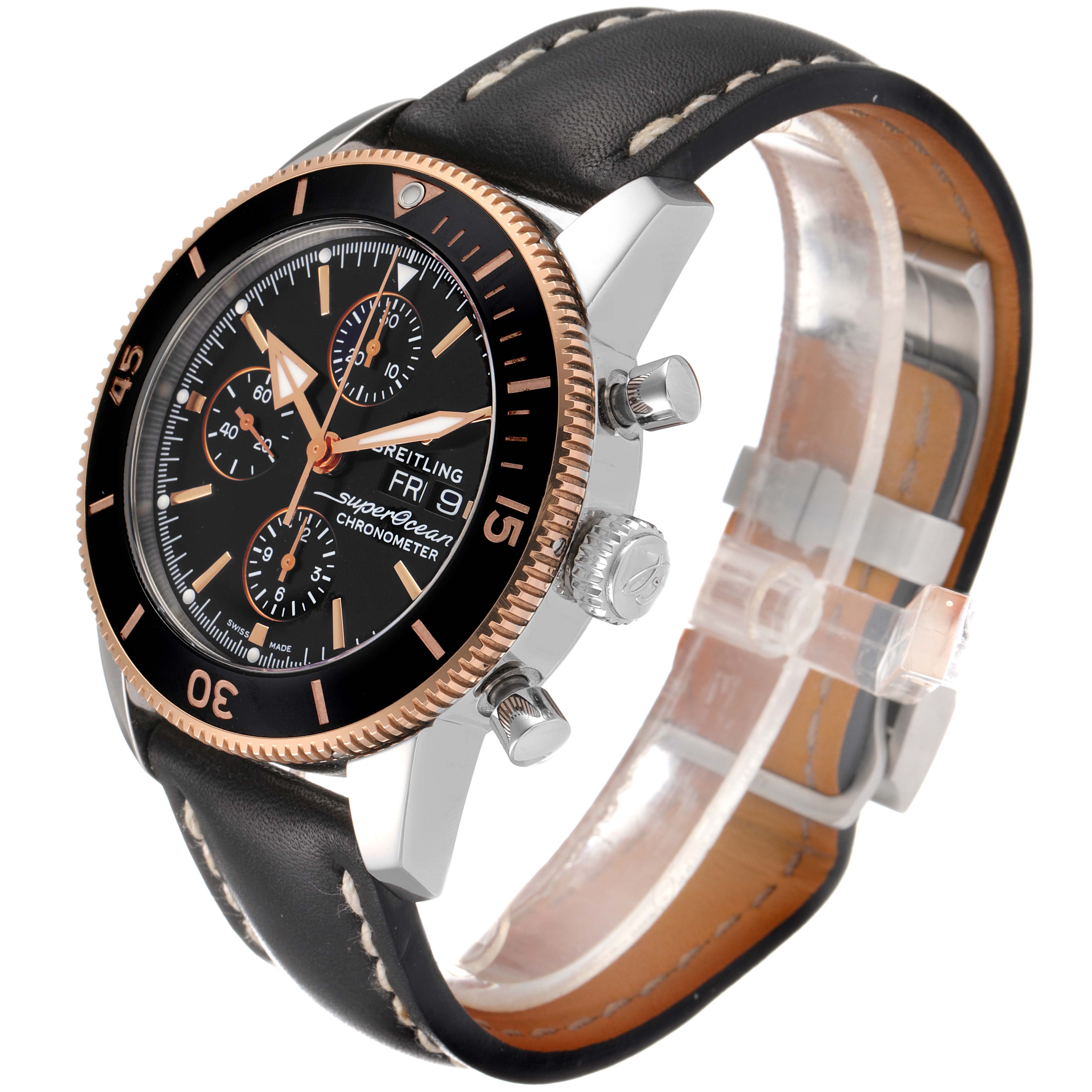 The image shows a Breitling Superocean U1331312/BG50/279S/A20D.4 Men's Stainless Steel Black Dial U1331312/BG50/279S/A20D.4 Men's Stainless Steel Black Dial watch at an oblique angle, highlighting its dial, bezel, crown, pushers, and leather strap.