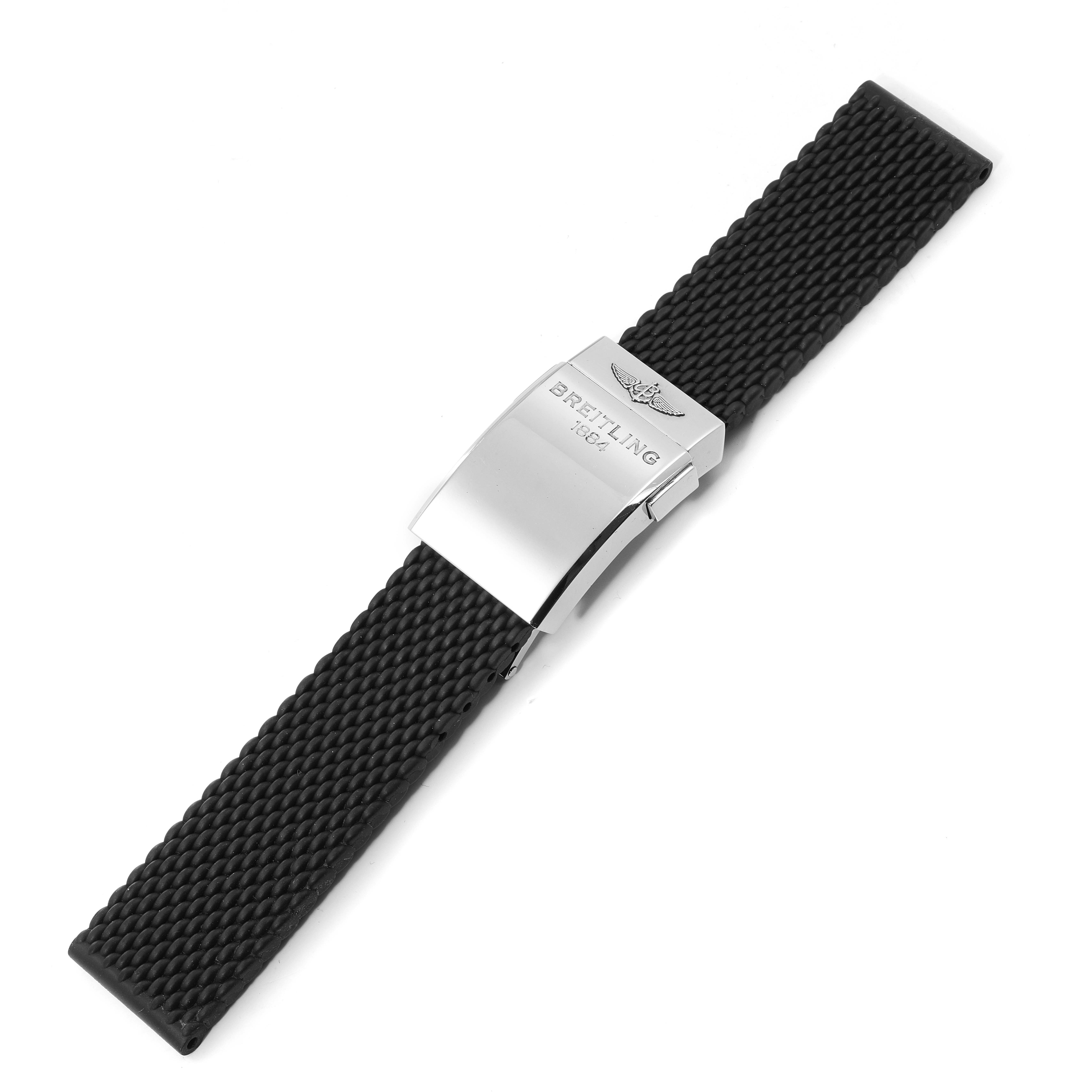 This image shows the black rubber strap and clasp of the Breitling Superocean U1331312/BG50/279S/A20D.4 Men's Stainless Steel Black Dial U1331312/BG50/279S/A20D.4 Men's Stainless Steel Black Dial watch, with the clasp prominently engraved with the brand name.