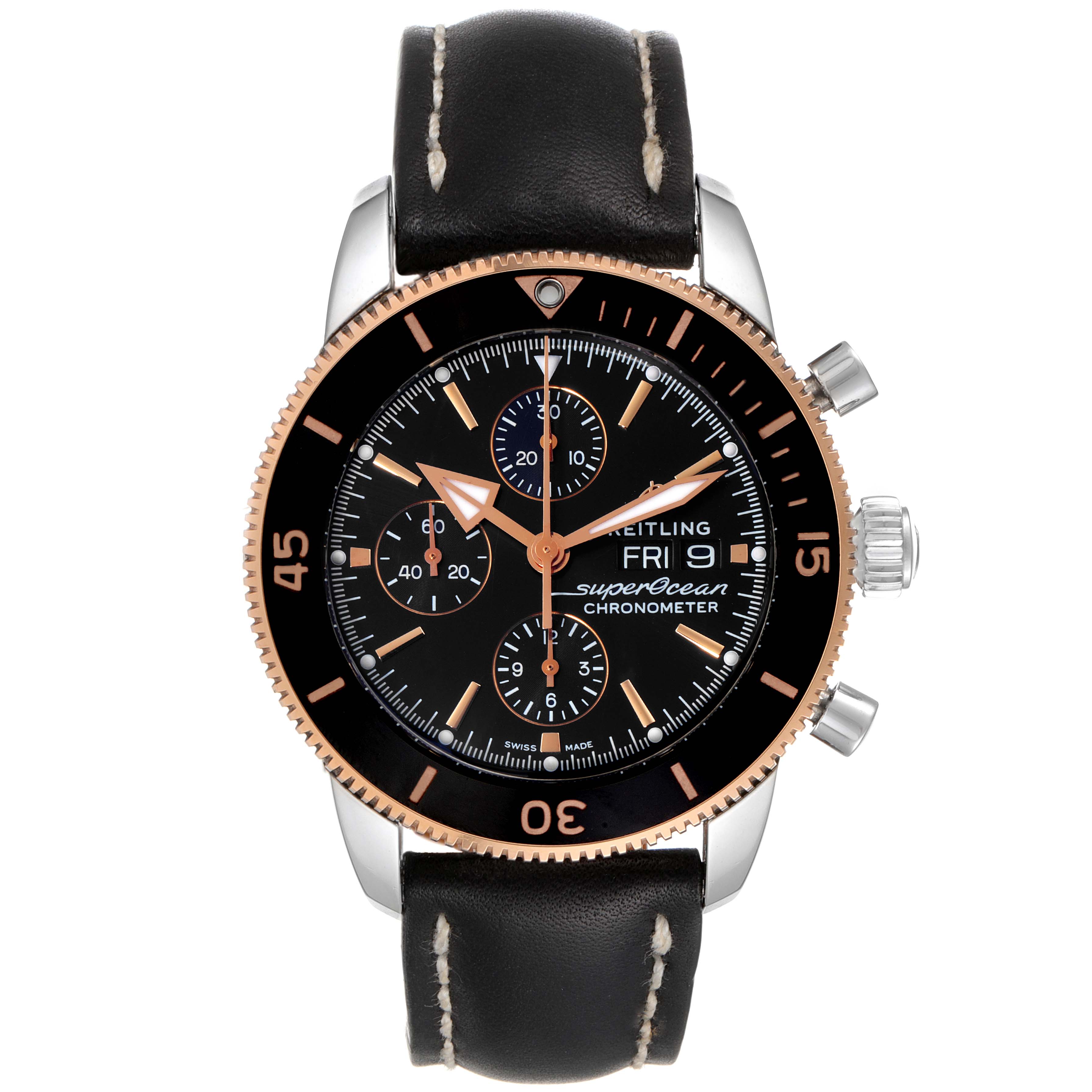 This Breitling Superocean U1331312/BG50/279S/A20D.4 Men's Stainless Steel Black Dial U1331312/BG50/279S/A20D.4 Men's Stainless Steel Black Dial watch is shown from the front, displaying its face, bezel, crown, pushers, and leather strap.