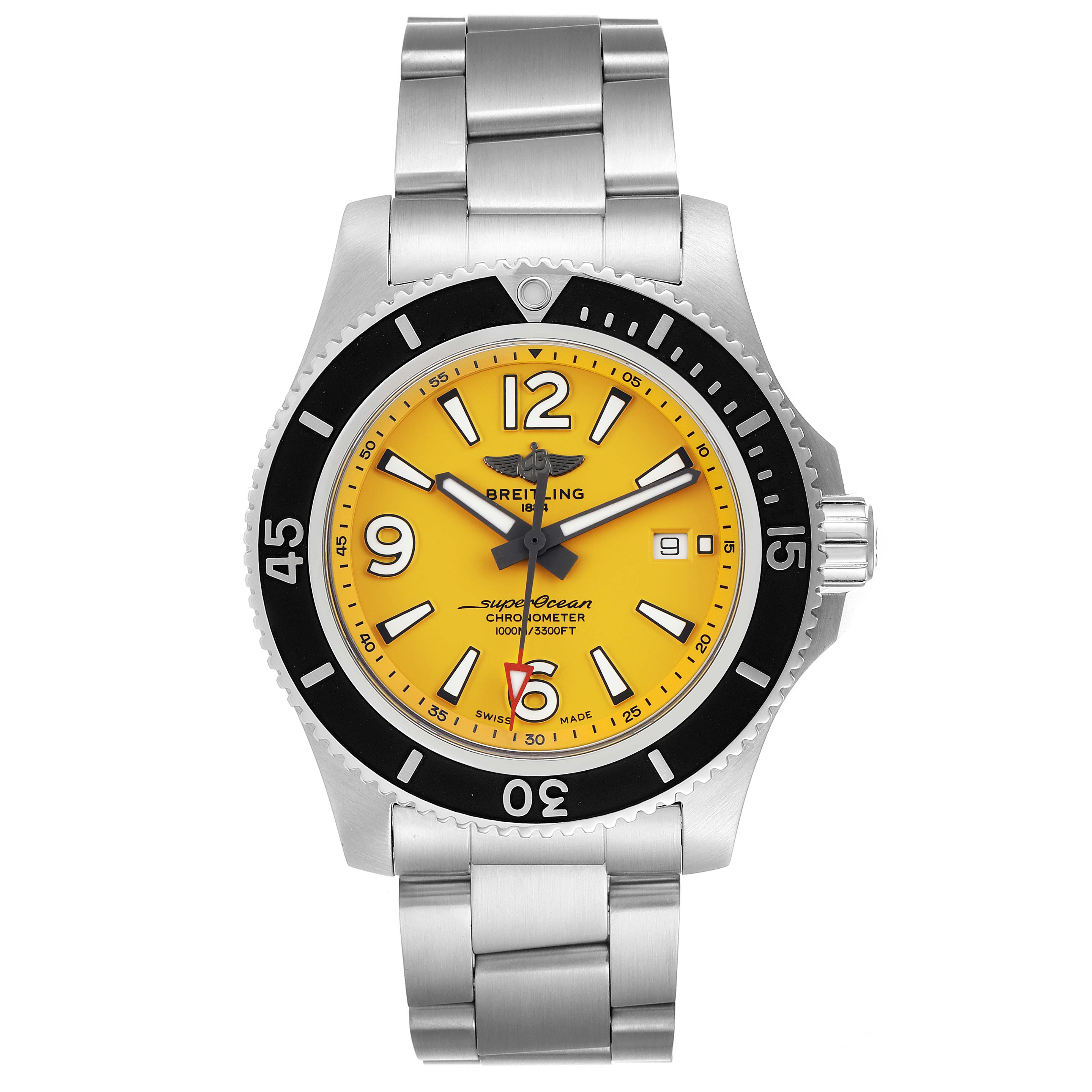 The image shows a Breitling Superocean A17367021I1A1 Men's Stainless Steel Yellow Dial A17367021I1A1 Men's Stainless Steel Yellow Dial watch from a front angle, highlighting its yellow dial, bezel, and stainless steel bracelet.