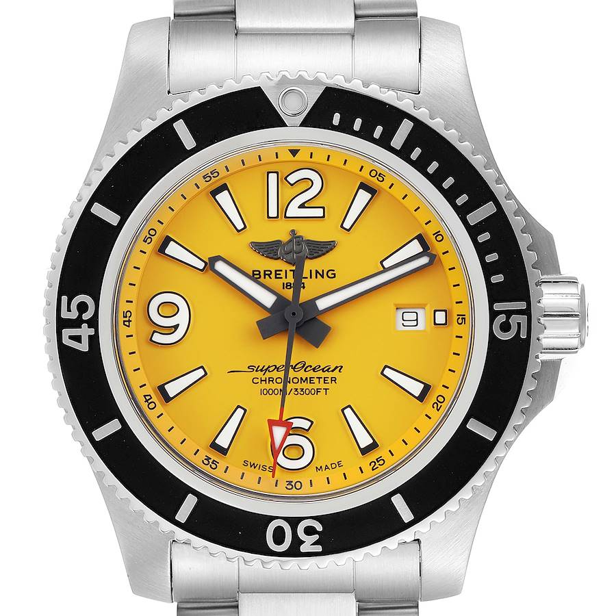 Breitling Superocean II Yellow Dial Steel Mens Watch A17367 Box Card SwissWatchExpo