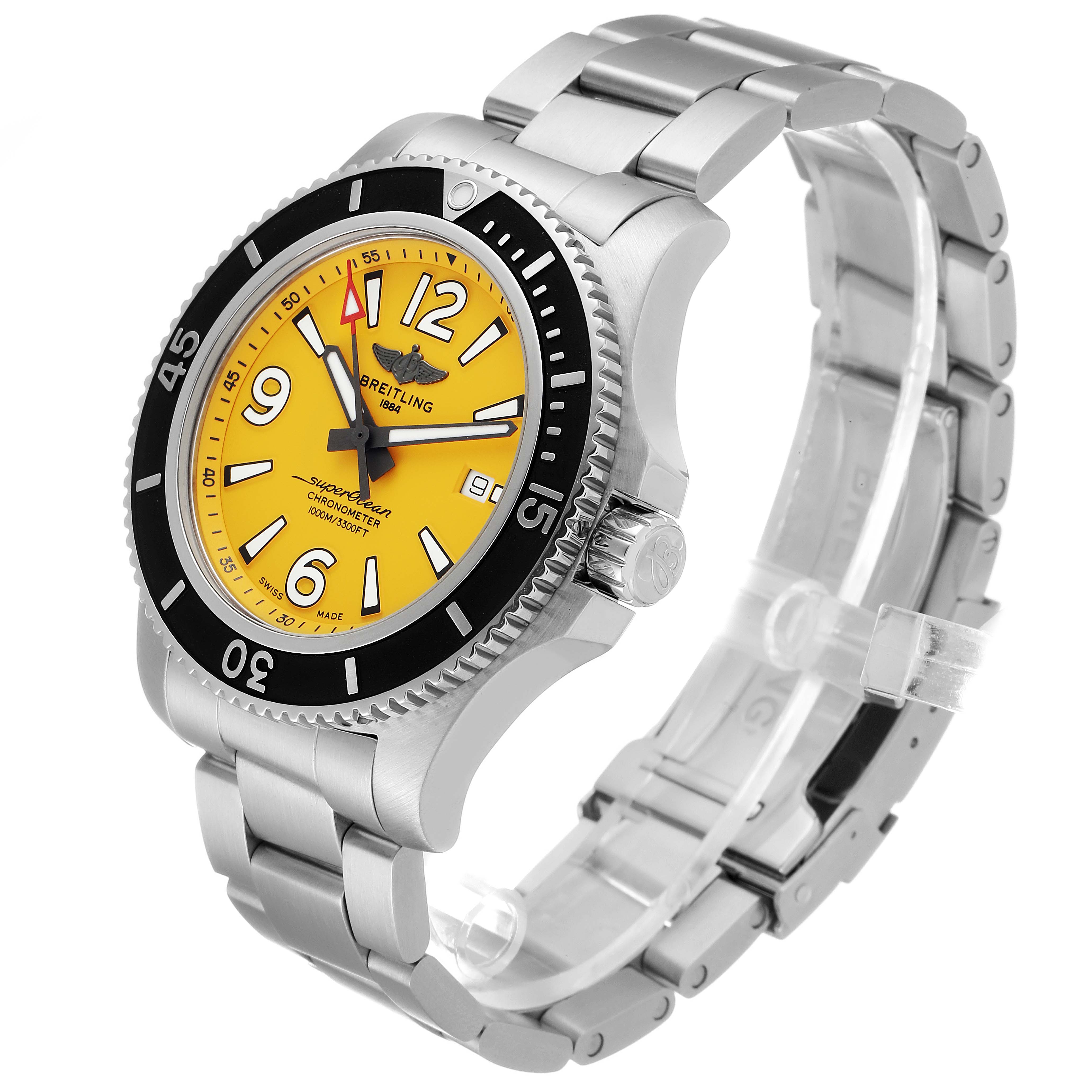 The image shows a Breitling Superocean A17367021I1A1 Men's Stainless Steel Yellow Dial A17367021I1A1 Men's Stainless Steel Yellow Dial watch at an angled view, highlighting its yellow dial, black bezel, and stainless steel bracelet.