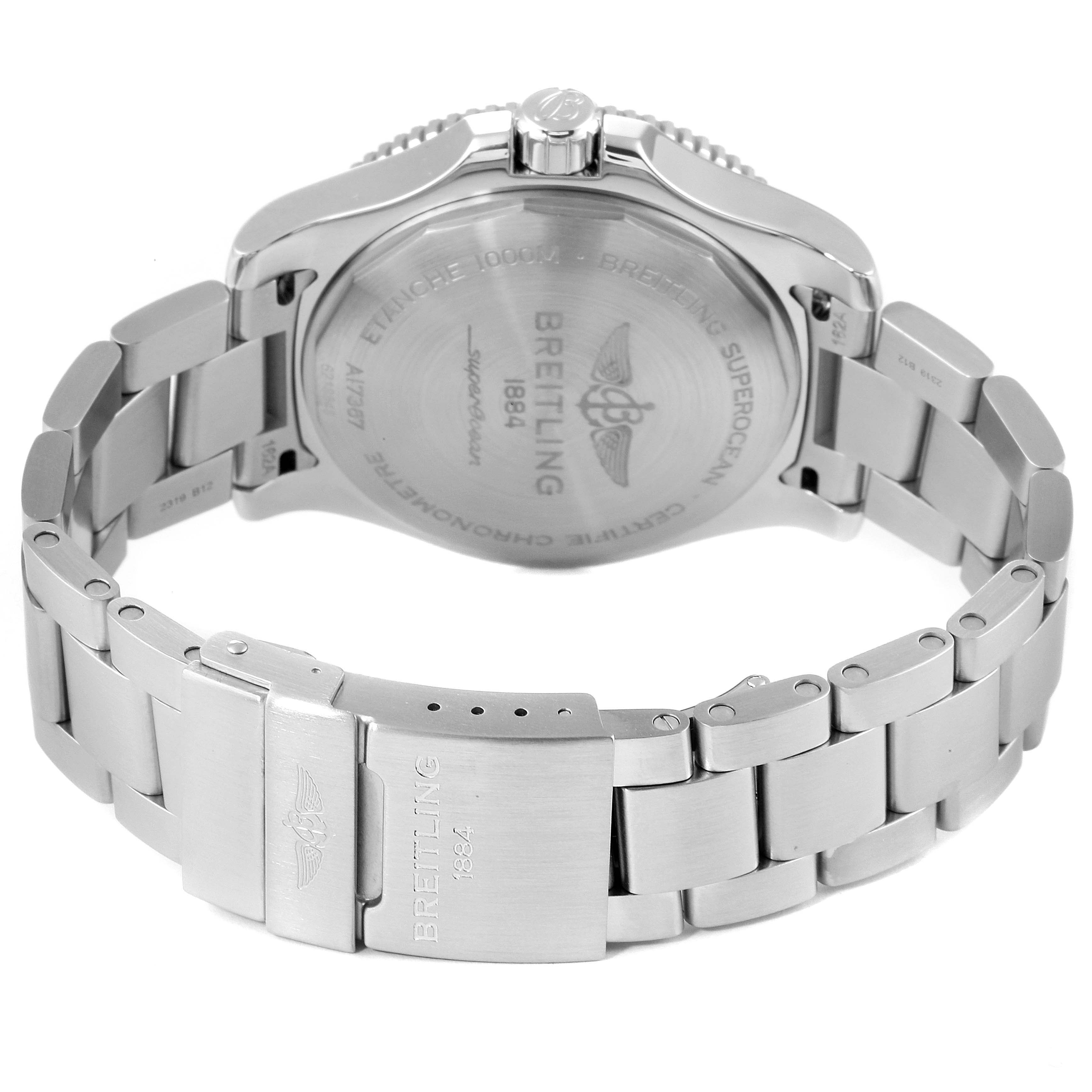 This image shows the back case, crown, and metal bracelet of the Breitling Superocean A17367021I1A1 Men's Stainless Steel Yellow Dial A17367021I1A1 Men's Stainless Steel Yellow Dial watch, viewed at an angle.