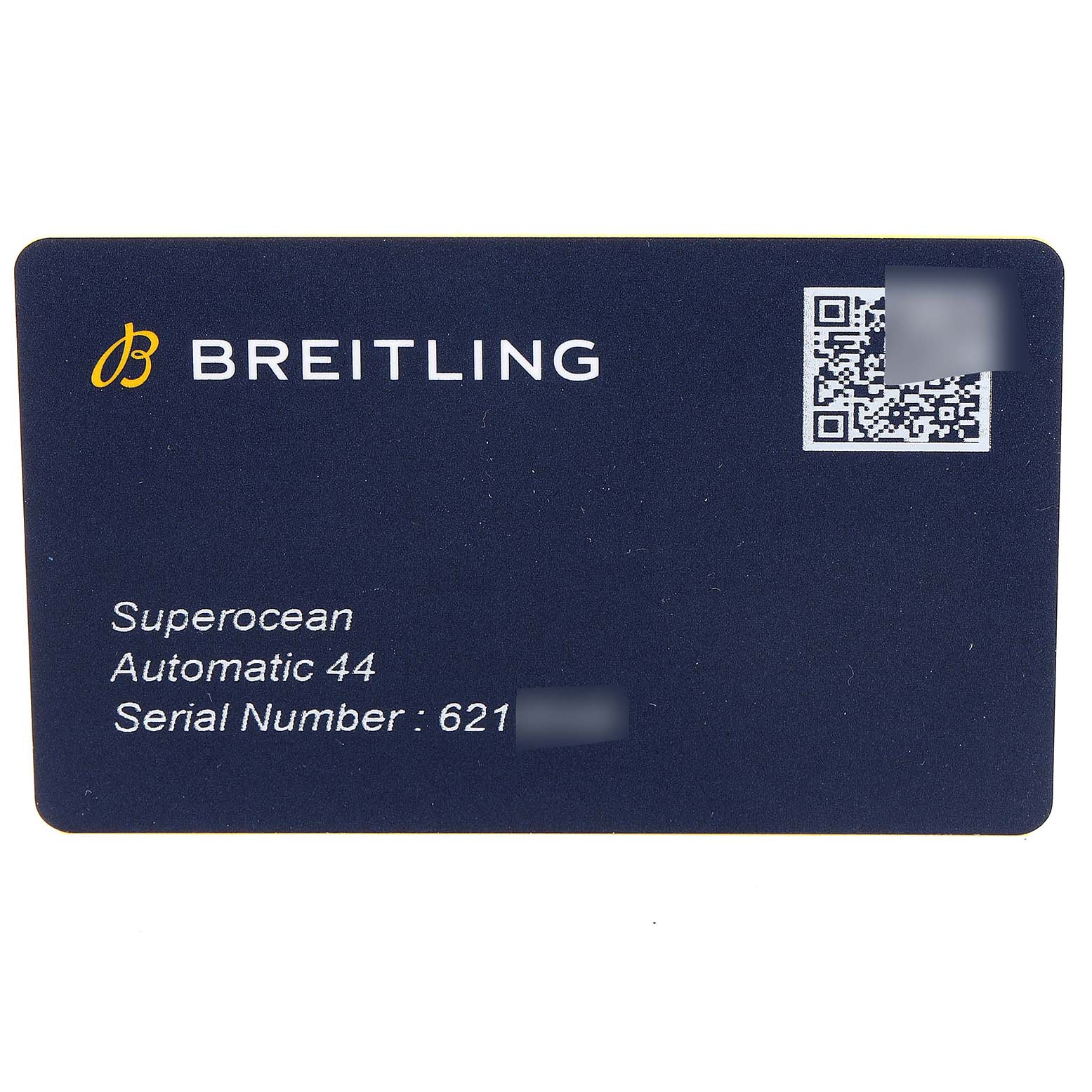 This image shows a warranty card for the Breitling Superocean A17367021I1A1 Men's Stainless Steel Yellow Dial A17367021I1A1 Men's Stainless Steel Yellow Dial Automatic 44 watch, displaying brand, model, and partial serial number.