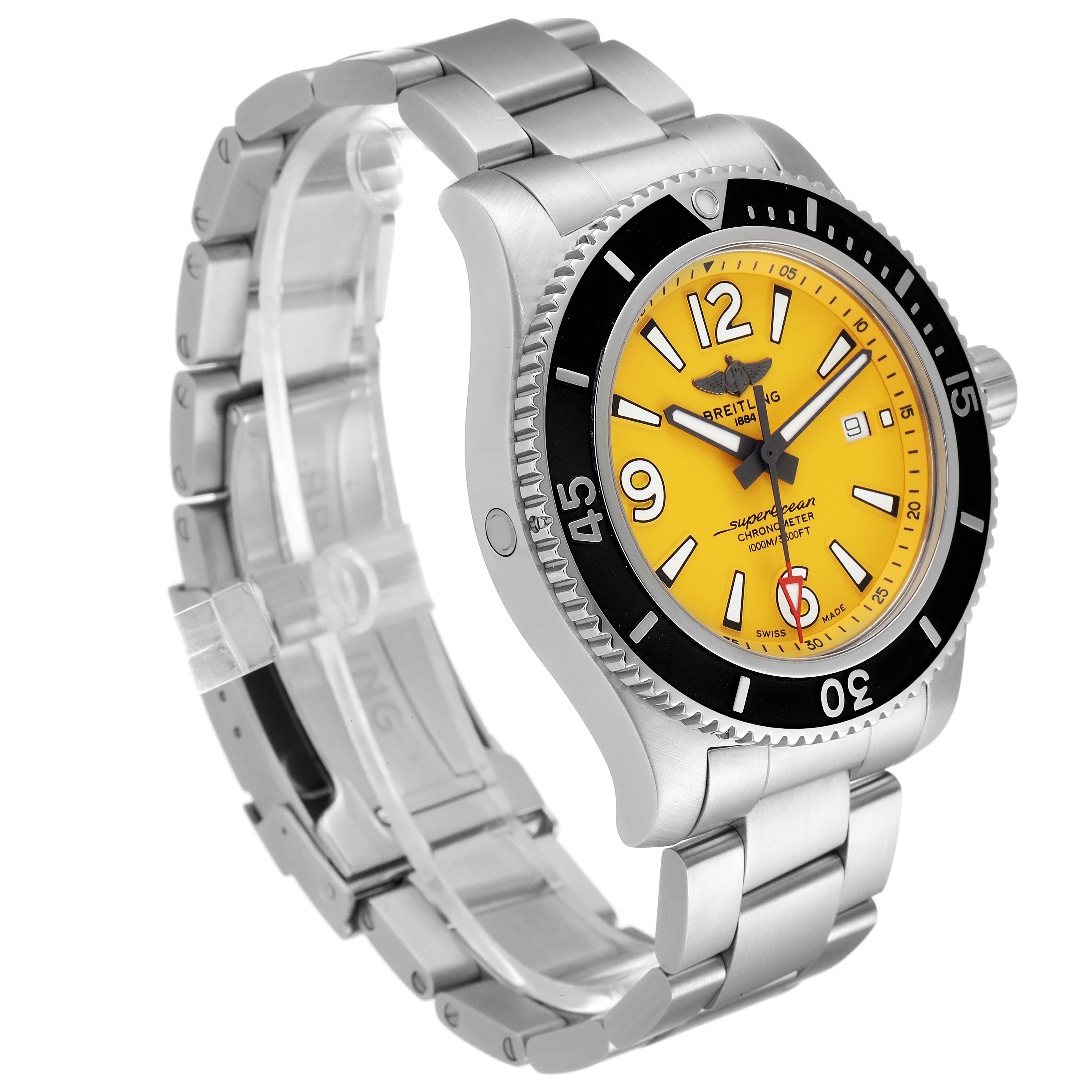 The Breitling Superocean A17367021I1A1 Men's Stainless Steel Yellow Dial A17367021I1A1 Men's Stainless Steel Yellow Dial watch is shown at a 3/4 angle, highlighting its yellow dial, black bezel, and stainless steel band.